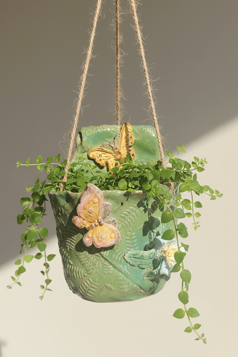 Handmade Ceramic Butterfly Flower Wall Pocket, Green Leaf Texture Home Decor - Gems by Gigi