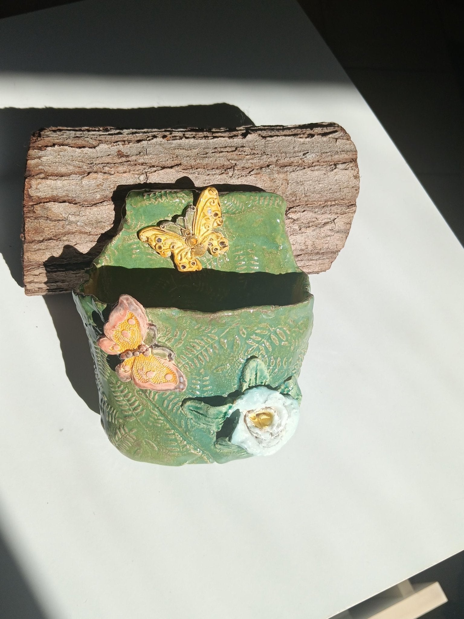 Handmade Ceramic Butterfly Flower Wall Pocket, Green Leaf Texture Home Decor - Gems by Gigi