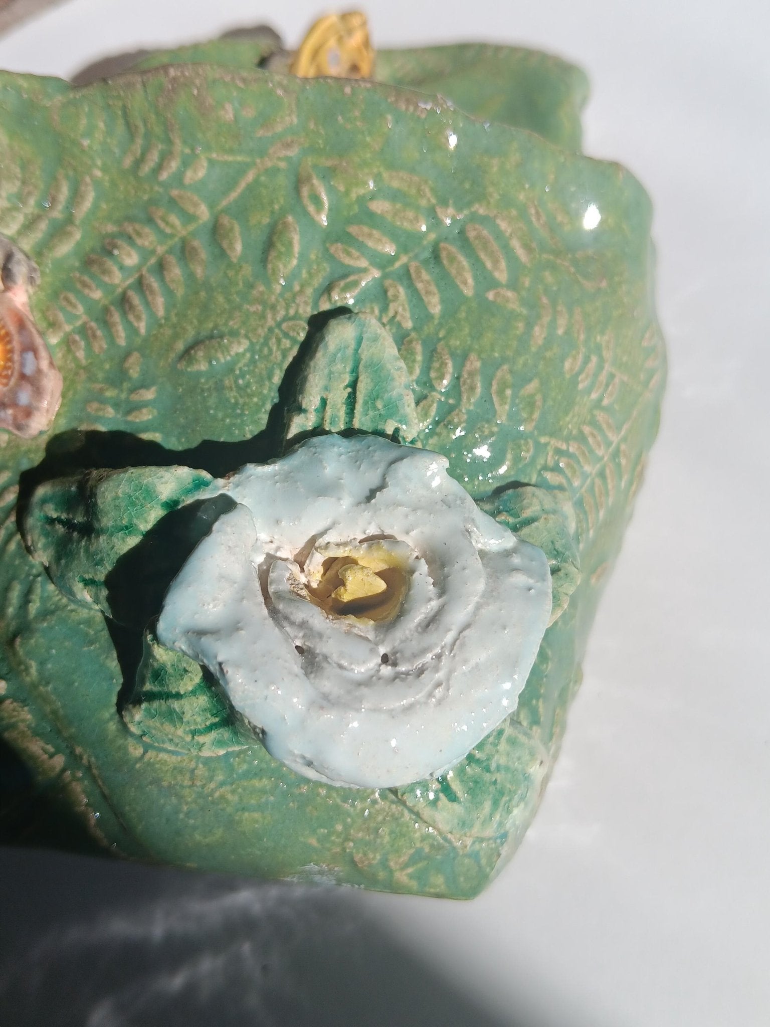 Handmade Ceramic Butterfly Flower Wall Pocket, Green Leaf Texture Home Decor - Gems by Gigi
