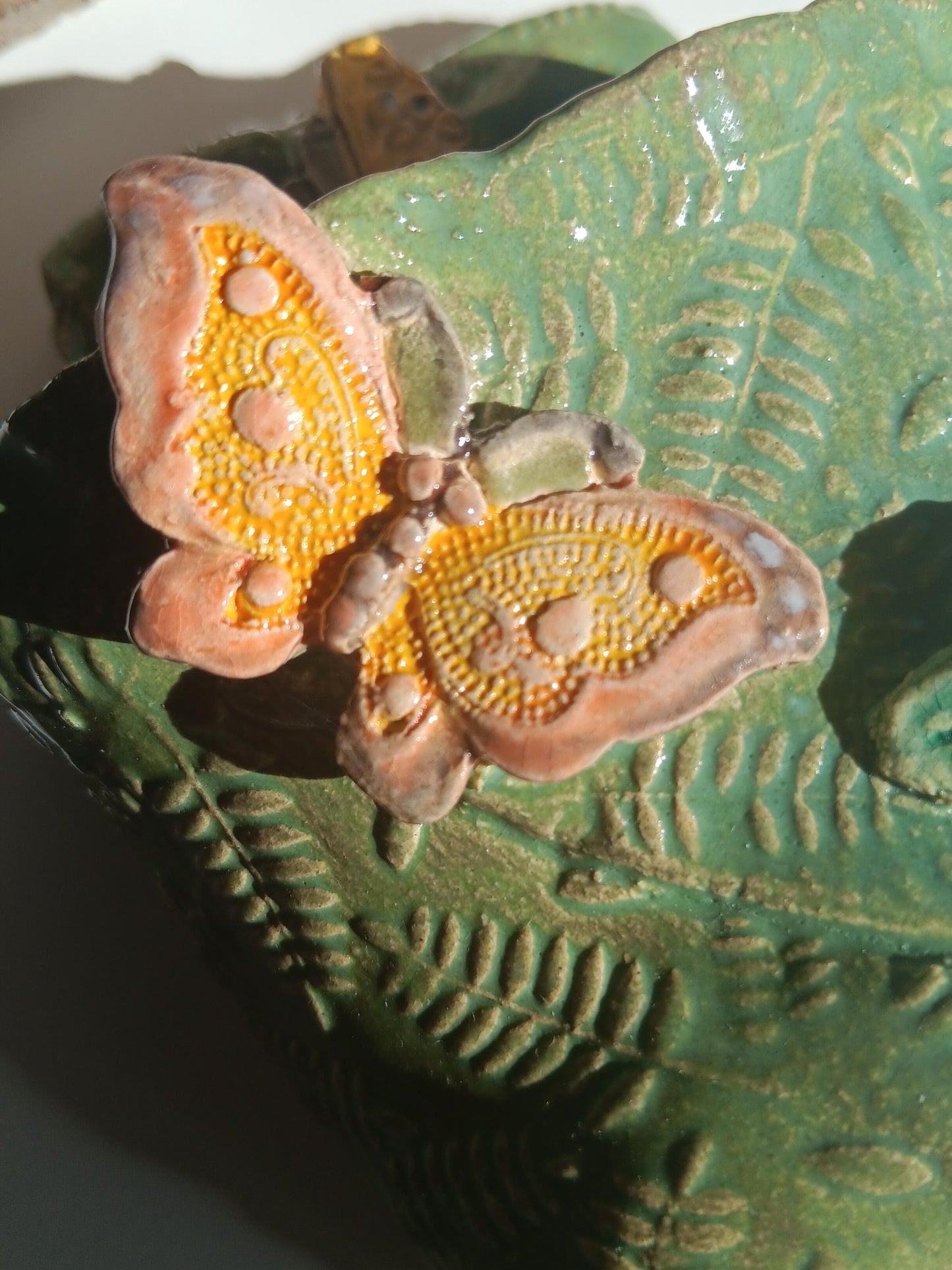 Handmade Ceramic Butterfly Flower Wall Pocket, Green Leaf Texture Home Decor - Gems by Gigi