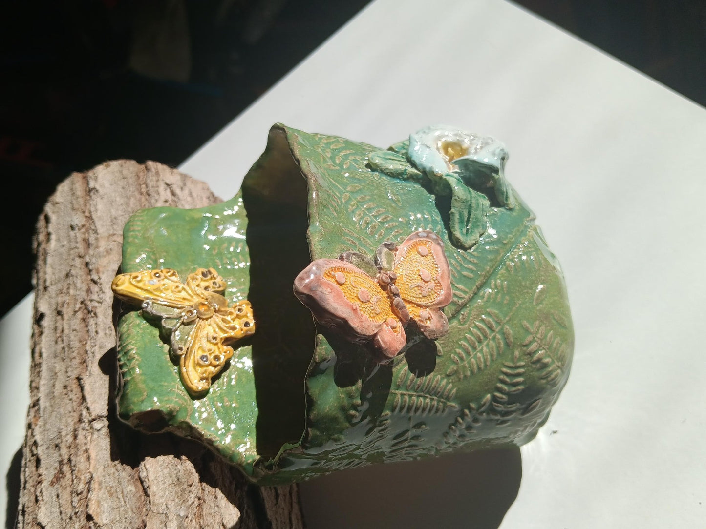 Handmade Ceramic Butterfly Flower Wall Pocket, Green Leaf Texture Home Decor - Gems by Gigi