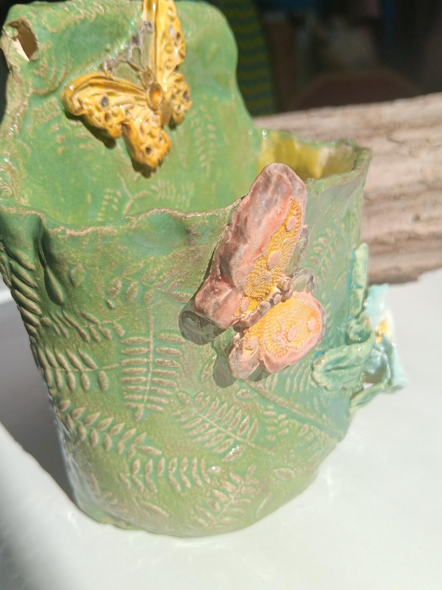 Handmade Ceramic Butterfly Flower Wall Pocket, Green Leaf Texture Home Decor - Gems by Gigi