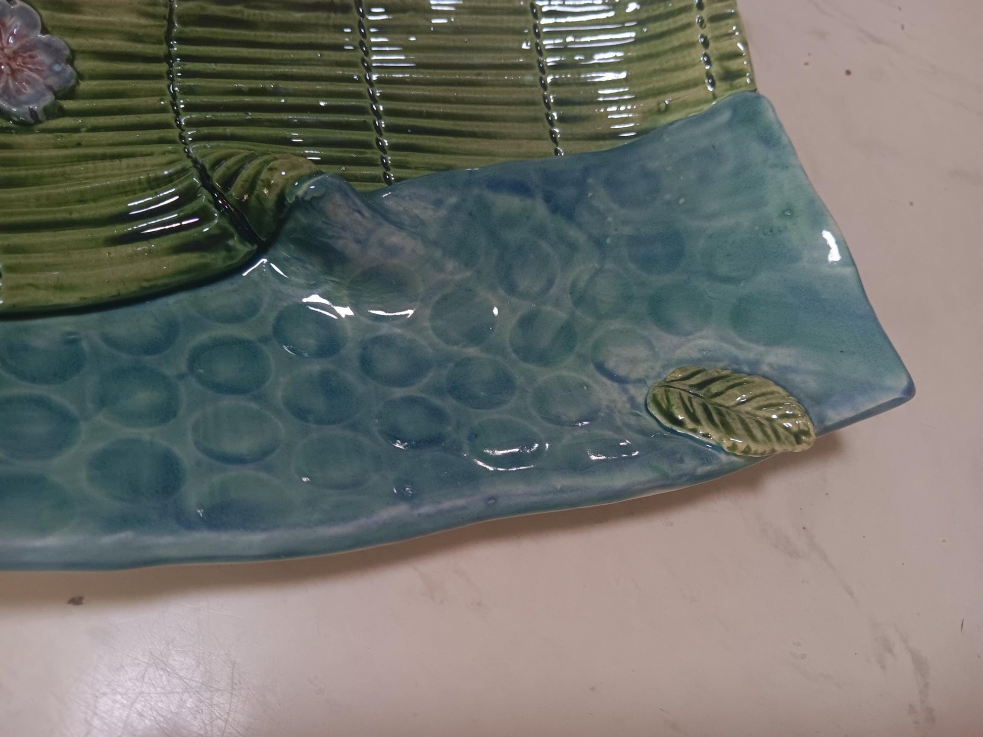 Handmade Ceramic Curved Dual Tray Flower Leaf Detail Green Blue - Gems by Gigi