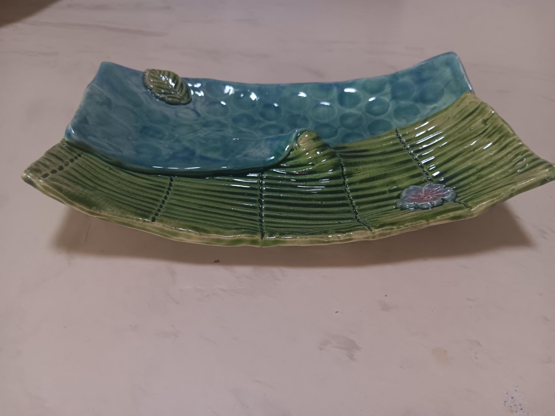 Handmade Ceramic Curved Dual Tray Flower Leaf Detail Green Blue - Gems by Gigi