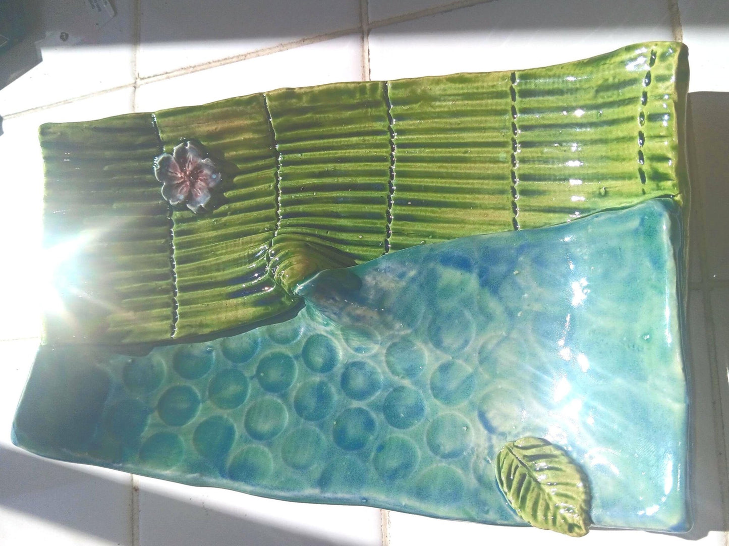 Handmade Ceramic Curved Dual Tray Flower Leaf Detail Green Blue - Gems by Gigi