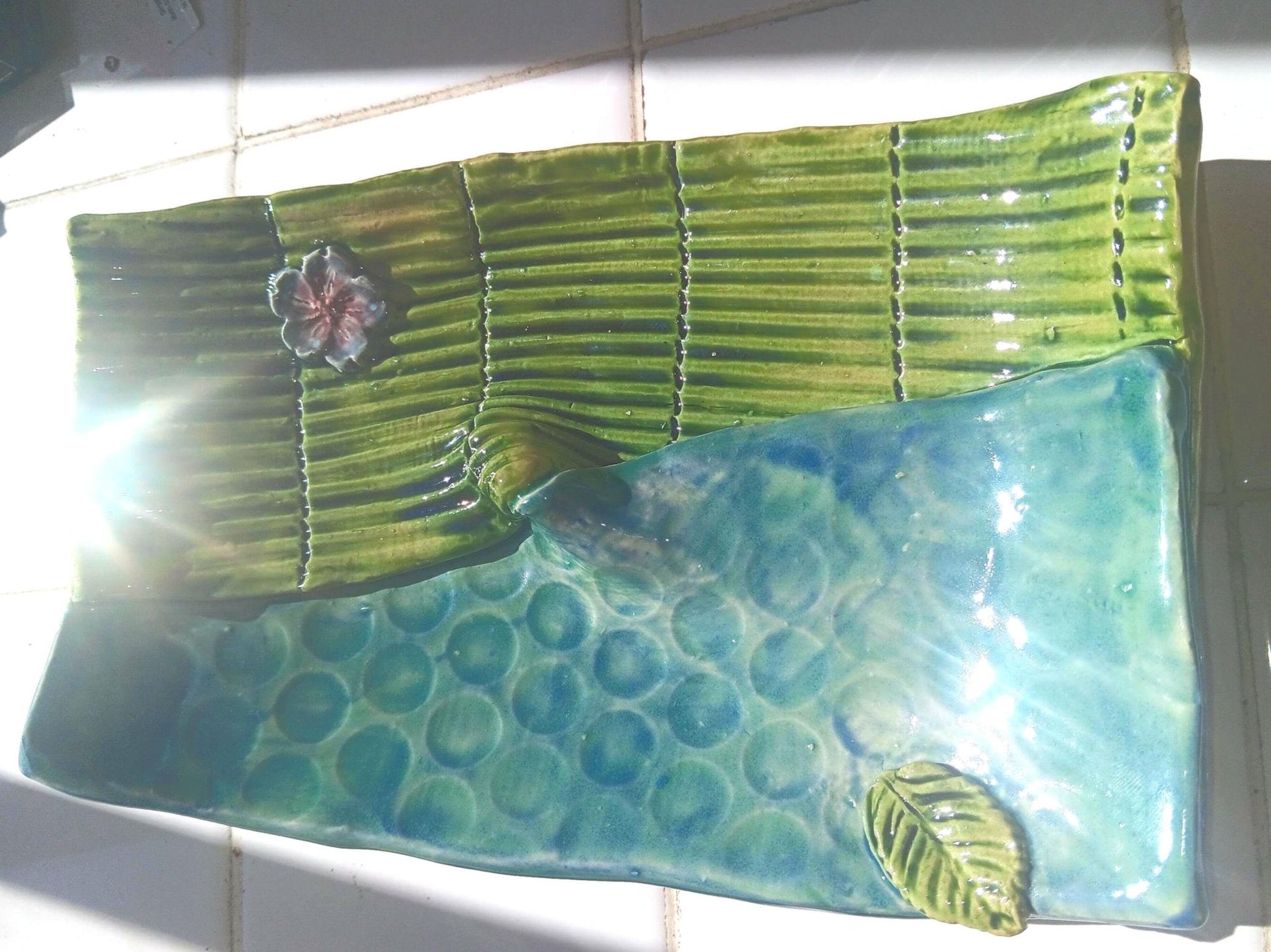 Handmade Ceramic Curved Dual Tray Flower Leaf Detail Green Blue - Gems by Gigi