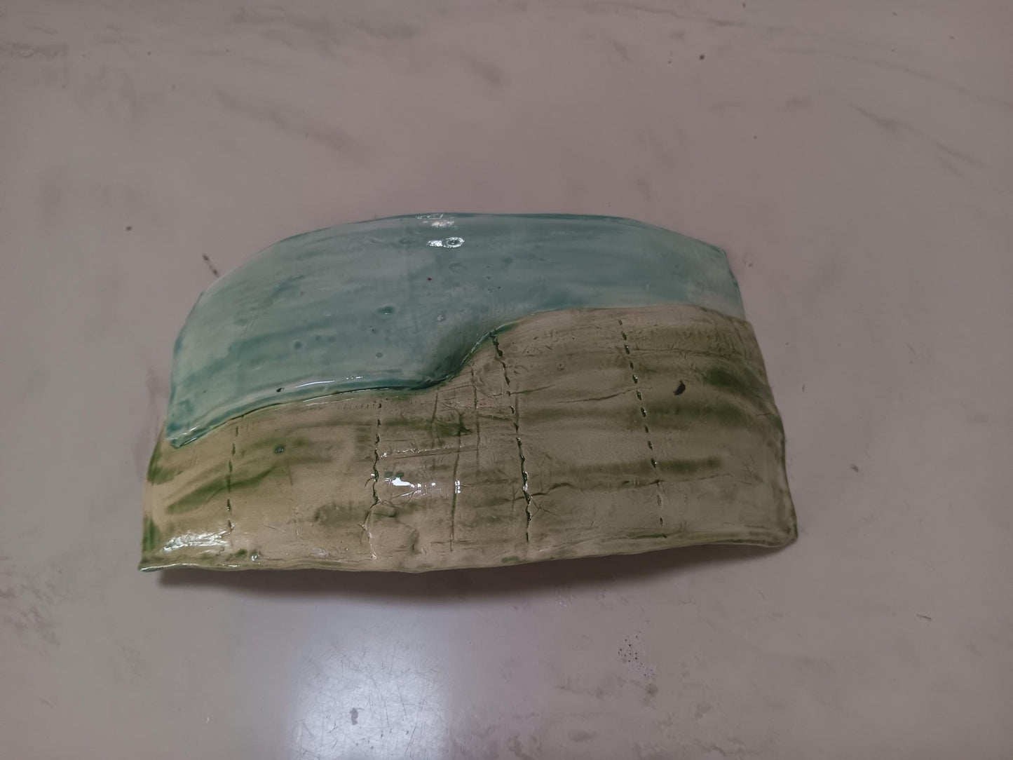Handmade Ceramic Curved Dual Tray Flower Leaf Detail Green Blue - Gems by Gigi
