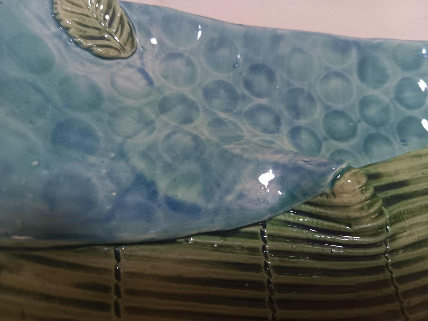 Handmade Ceramic Curved Dual Tray Flower Leaf Detail Green Blue - Gems by Gigi