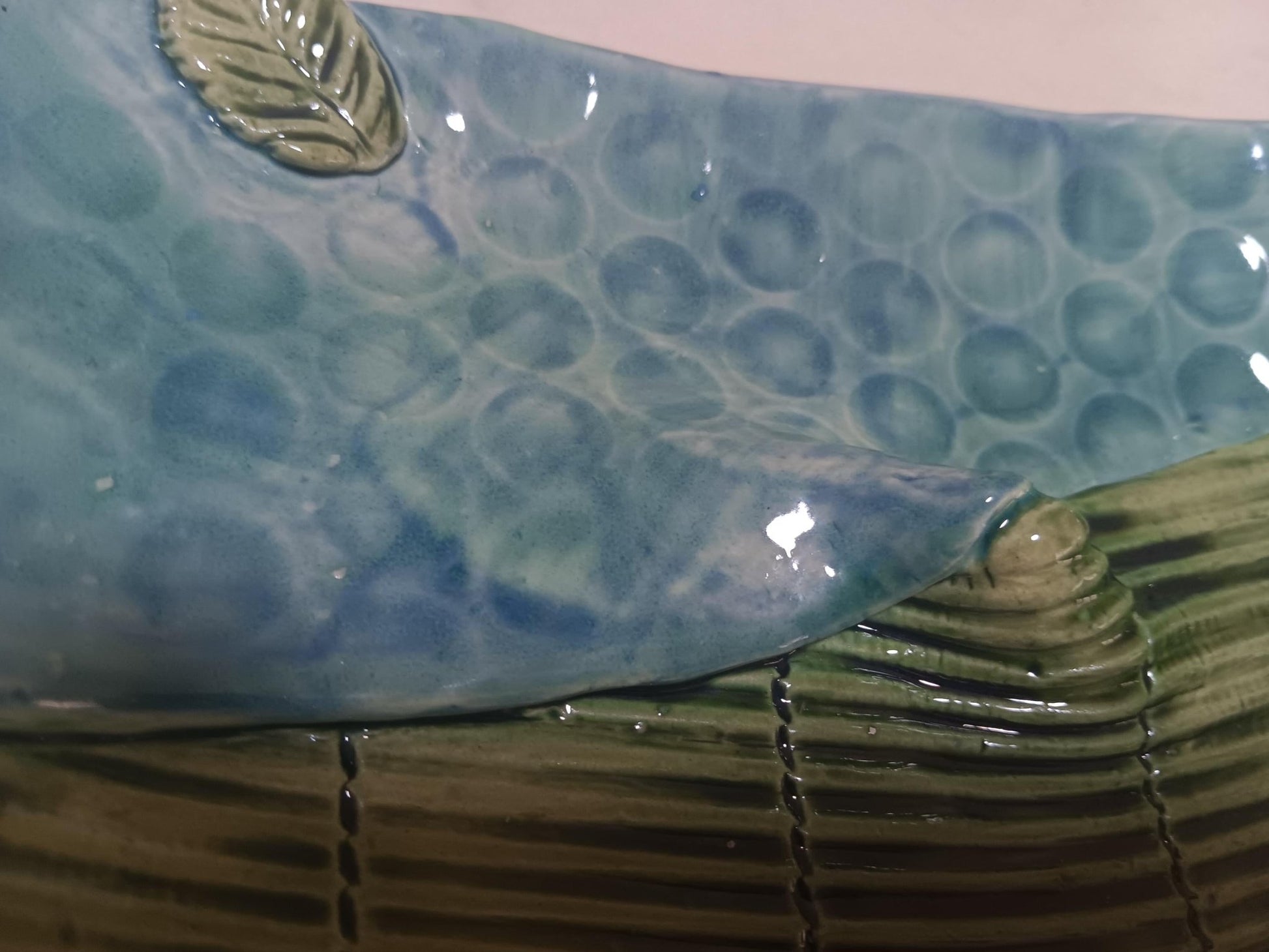 Handmade Ceramic Curved Dual Tray Flower Leaf Detail Green Blue - Gems by Gigi
