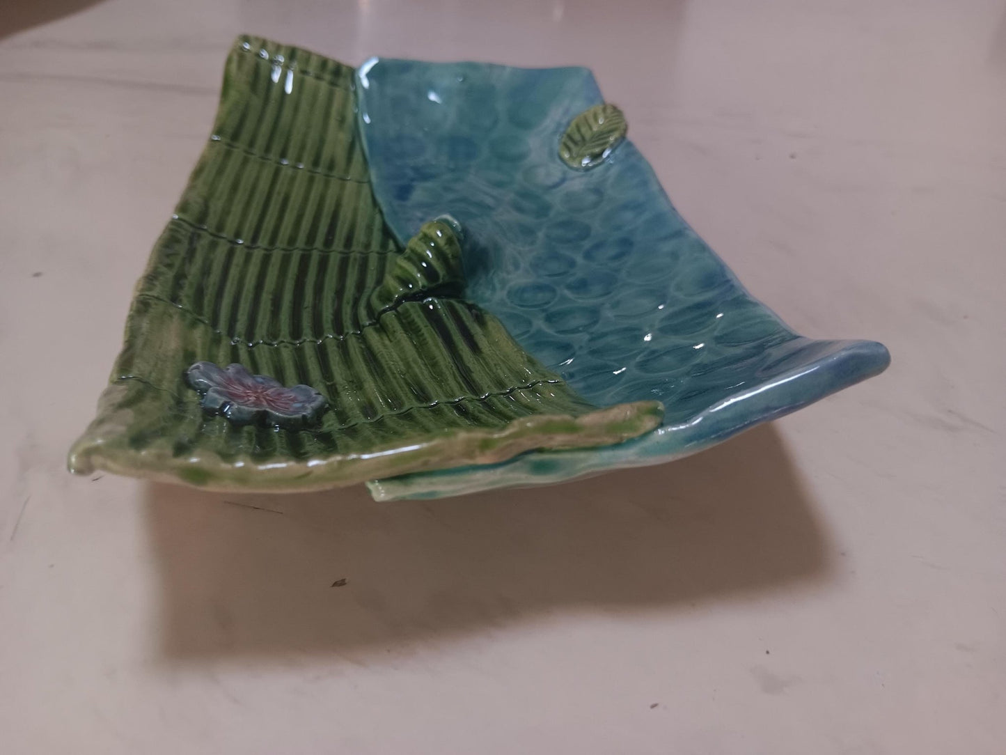 Handmade Ceramic Curved Dual Tray Flower Leaf Detail Green Blue - Gems by Gigi