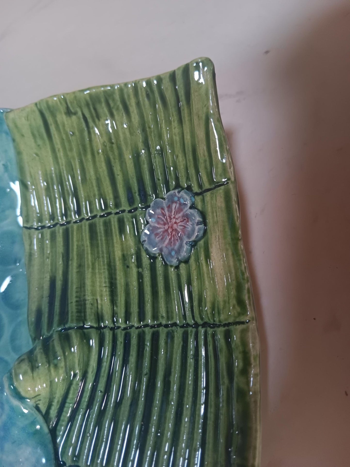 Handmade Ceramic Curved Dual Tray Flower Leaf Detail Green Blue - Gems by Gigi