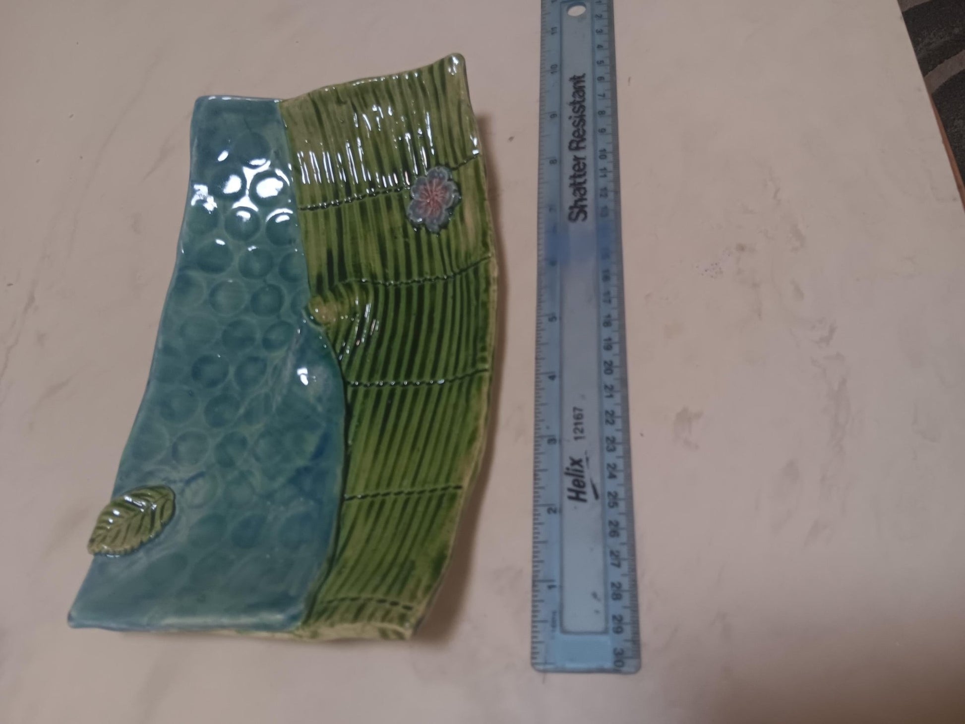 Handmade Ceramic Curved Dual Tray Flower Leaf Detail Green Blue - Gems by Gigi