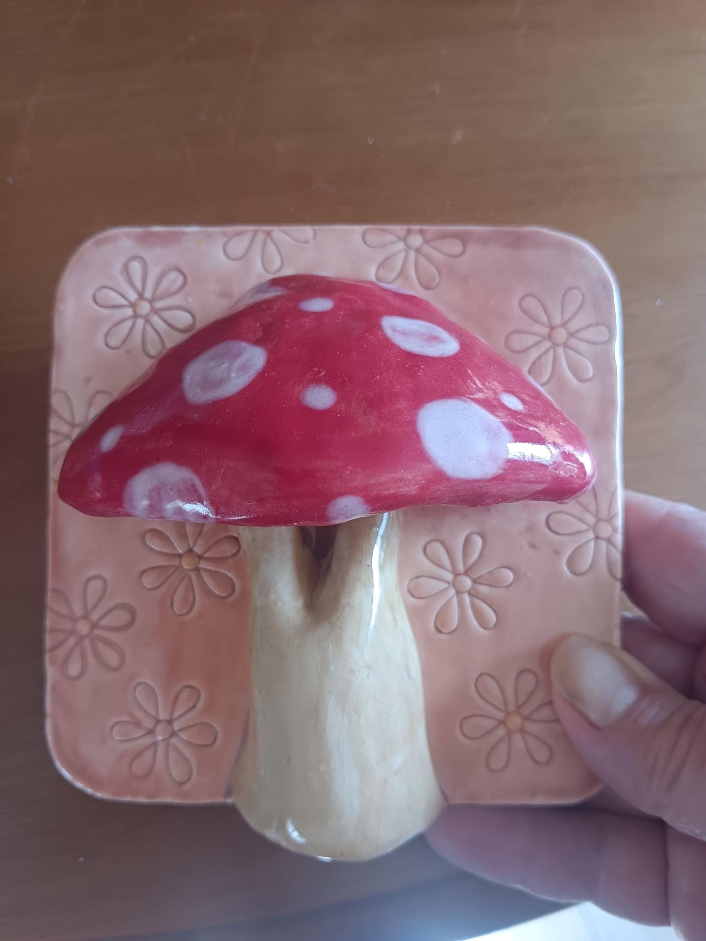 Handmade Ceramic Mushroom Lamp: Red Spotted Light, Flower Accent Wall Art - Gems by Gigi