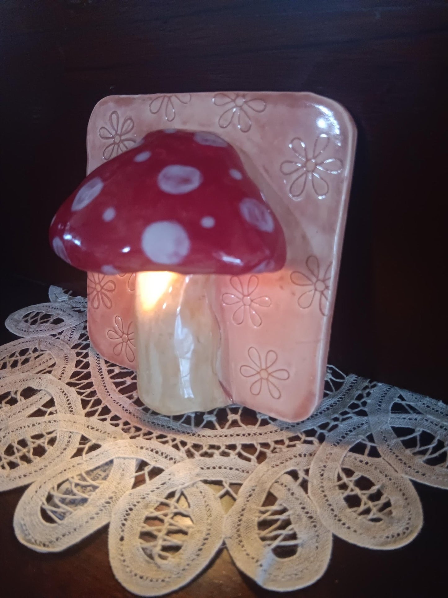 Handmade Ceramic Mushroom Lamp: Red Spotted Light, Flower Accent Wall Art - Gems by Gigi