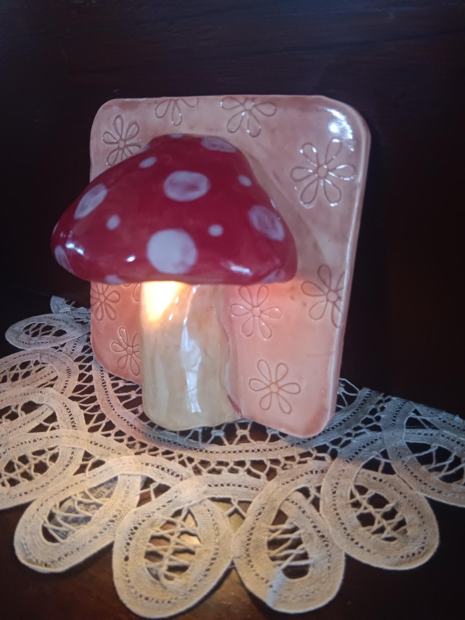 Handmade Ceramic Mushroom Lamp: Red Spotted Light, Flower Accent Wall Art - Gems by Gigi