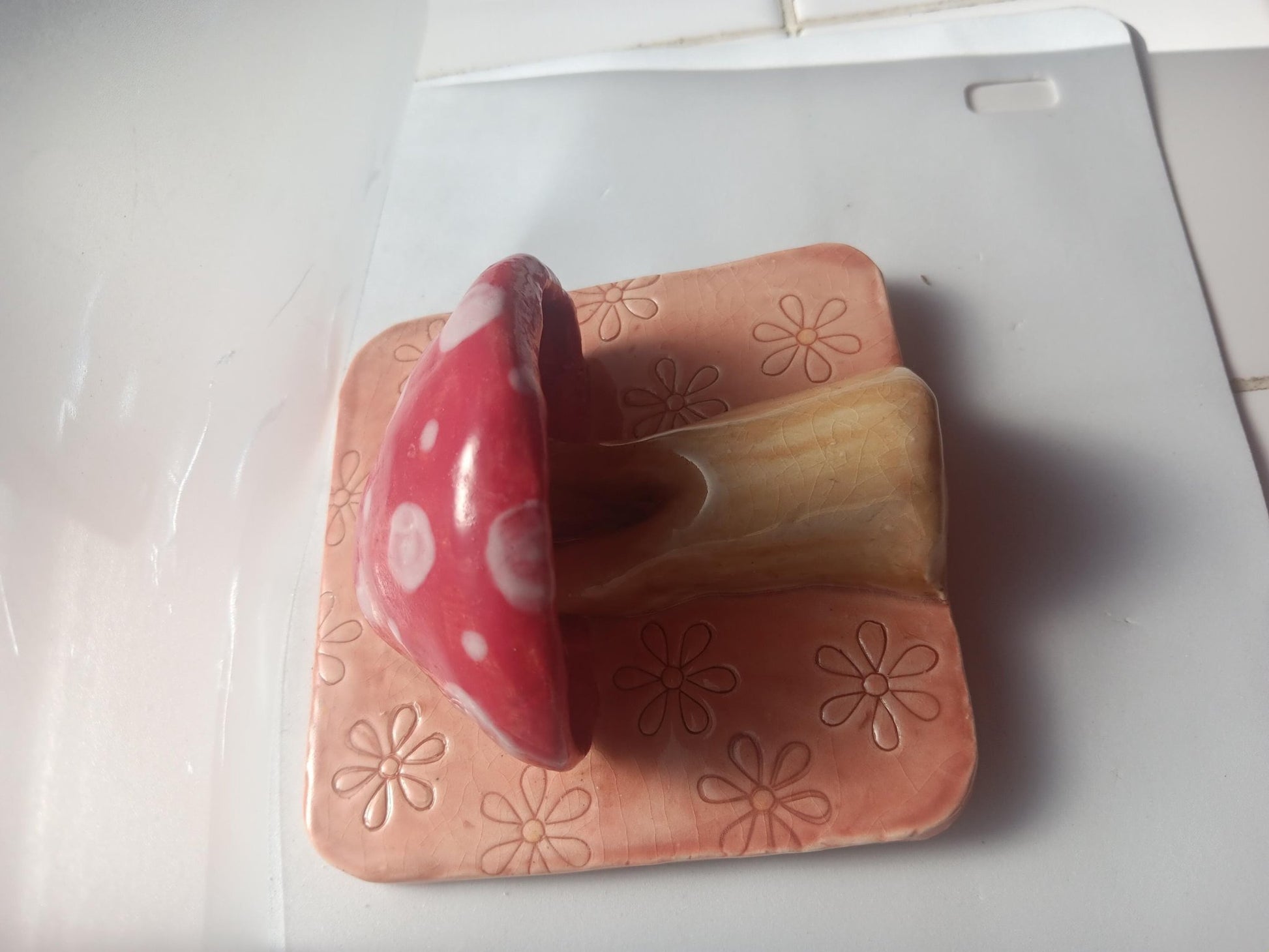 Handmade Ceramic Mushroom Lamp: Red Spotted Light, Flower Accent Wall Art - Gems by Gigi