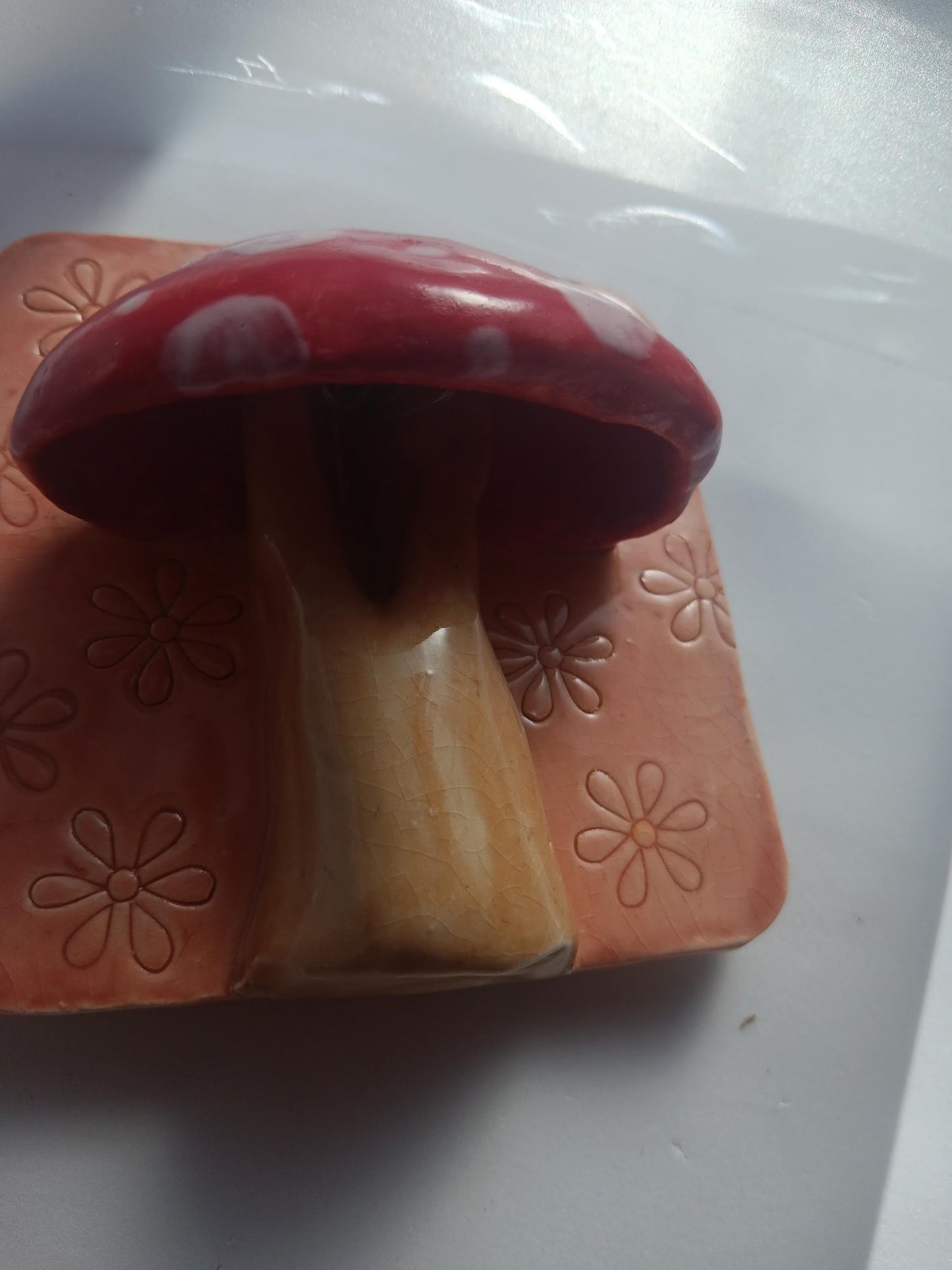 Handmade Ceramic Mushroom Lamp: Red Spotted Light, Flower Accent Wall Art - Gems by Gigi