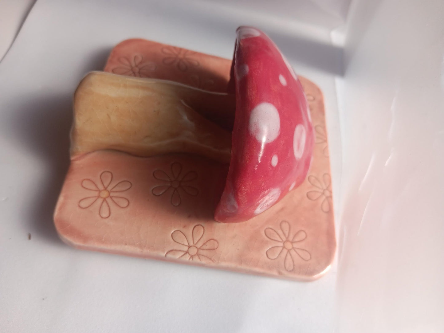 Handmade Ceramic Mushroom Lamp: Red Spotted Light, Flower Accent Wall Art - Gems by Gigi