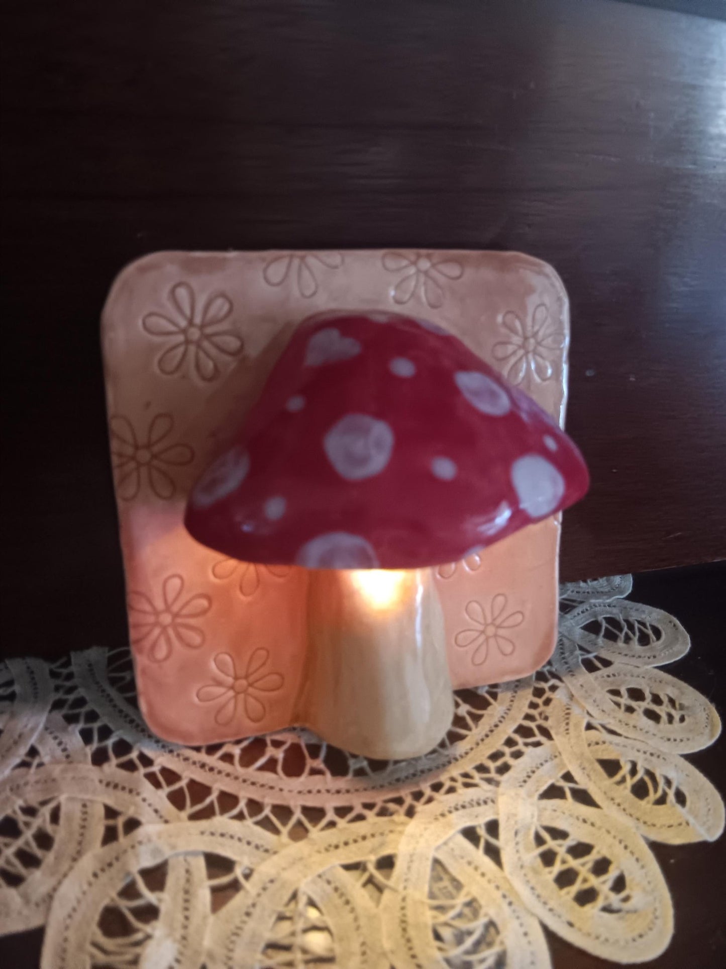 Handmade Ceramic Mushroom Lamp: Red Spotted Light, Flower Accent Wall Art - Gems by Gigi