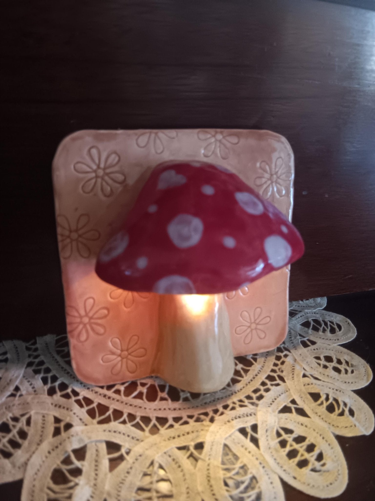 Handmade Ceramic Mushroom Lamp: Red Spotted Light, Flower Accent Wall Art - Gems by Gigi