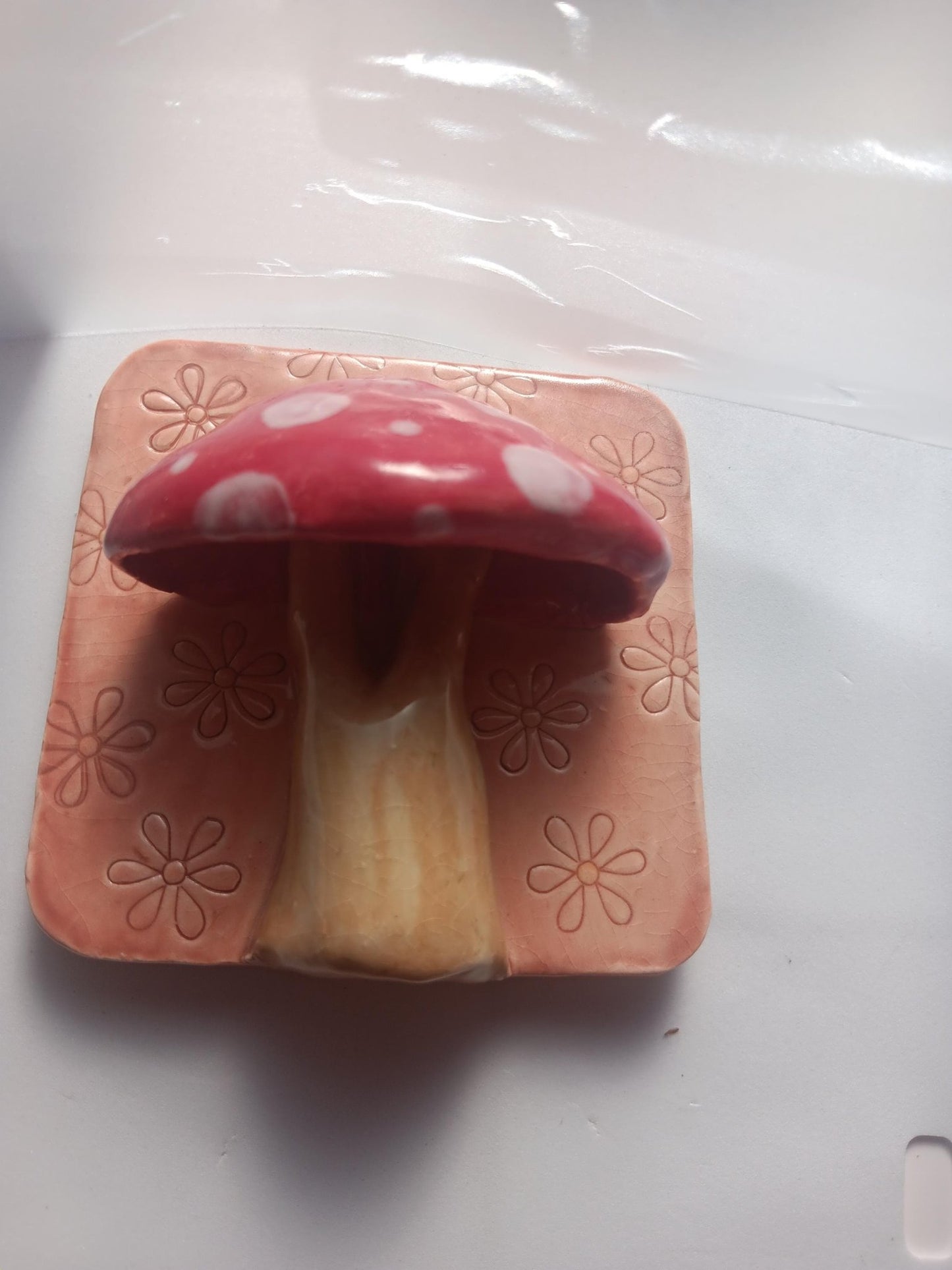 Handmade Ceramic Mushroom Lamp: Red Spotted Light, Flower Accent Wall Art - Gems by Gigi