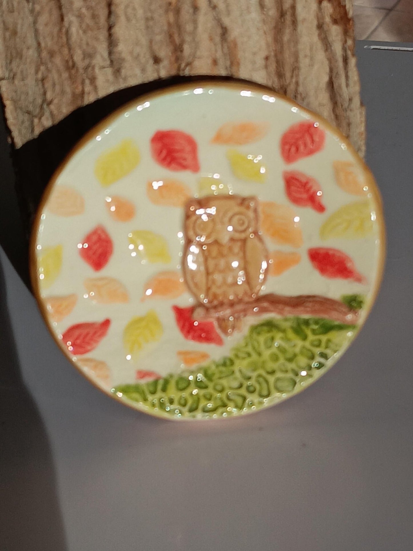 Handmade Ceramic Owl Trinket Dish: Autumn Leaves Jewelry Holder - Gems by Gigi