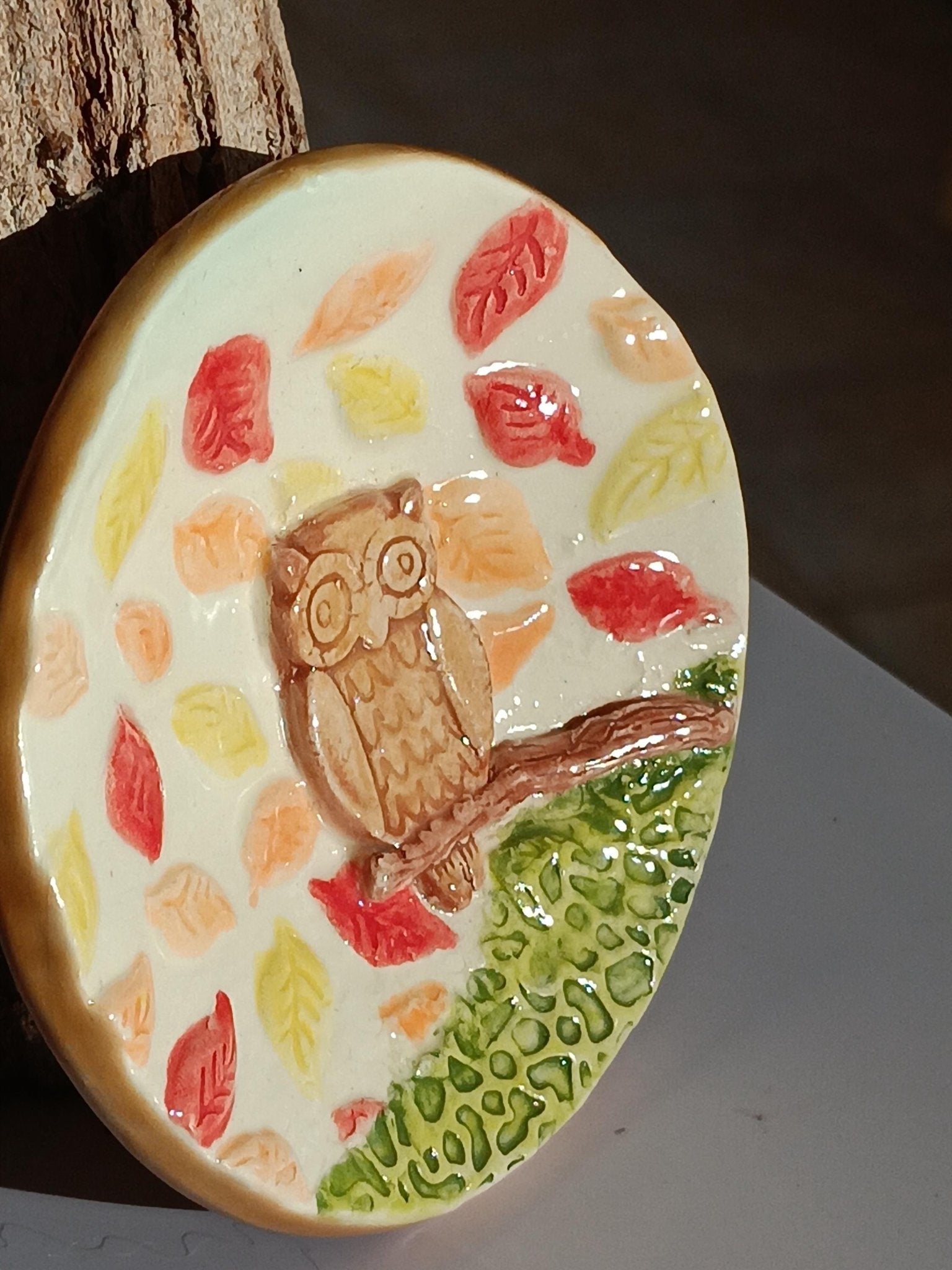 Handmade Ceramic Owl Trinket Dish: Autumn Leaves Jewelry Holder - Gems by Gigi