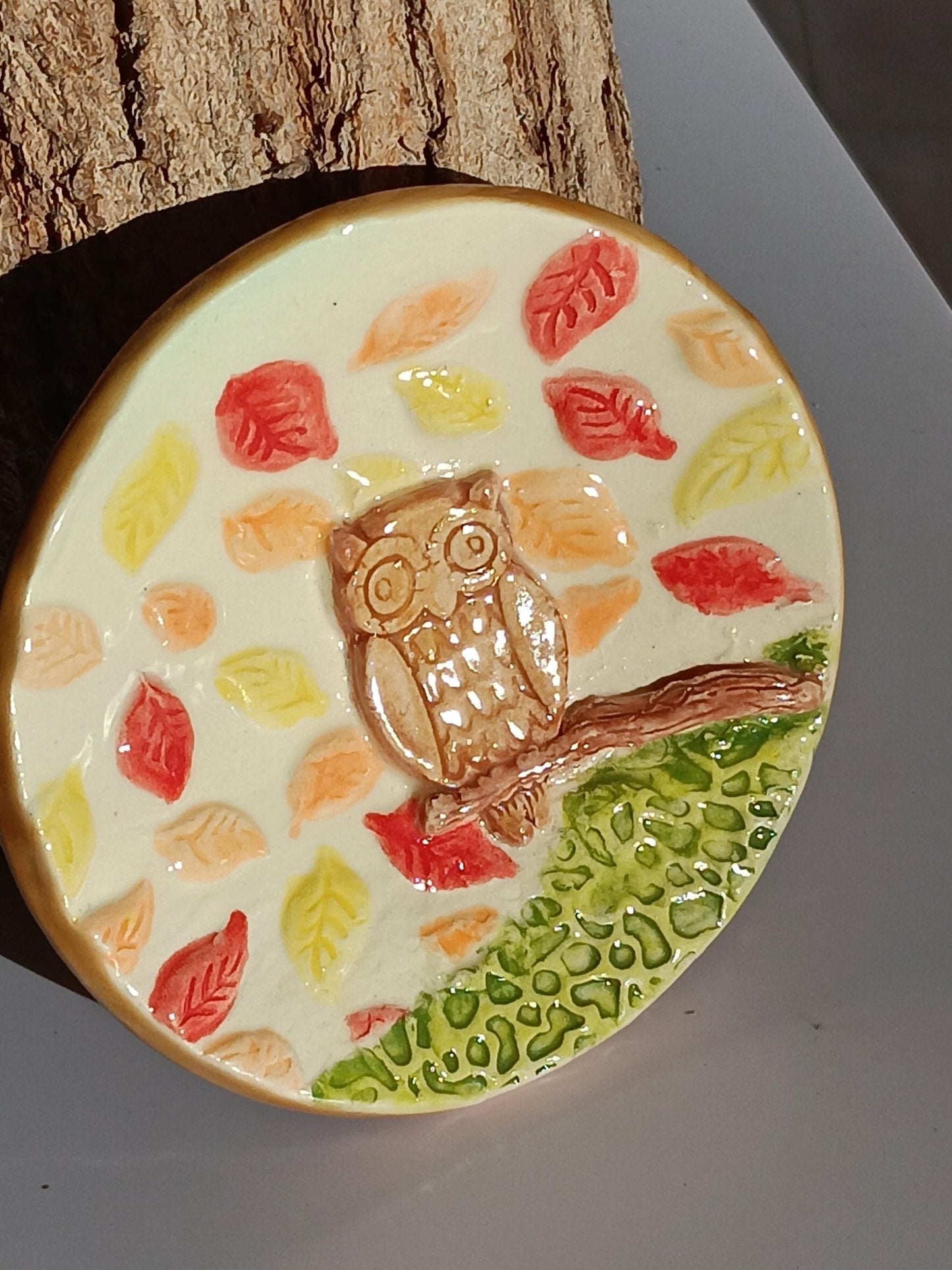 Handmade Ceramic Owl Trinket Dish: Autumn Leaves Jewelry Holder - Gems by Gigi