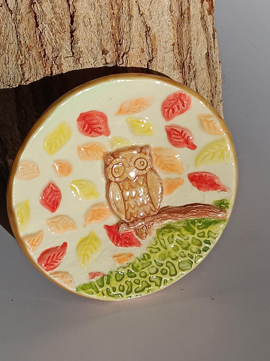 Handmade Ceramic Owl Trinket Dish: Autumn Leaves Jewelry Holder - Gems by Gigi