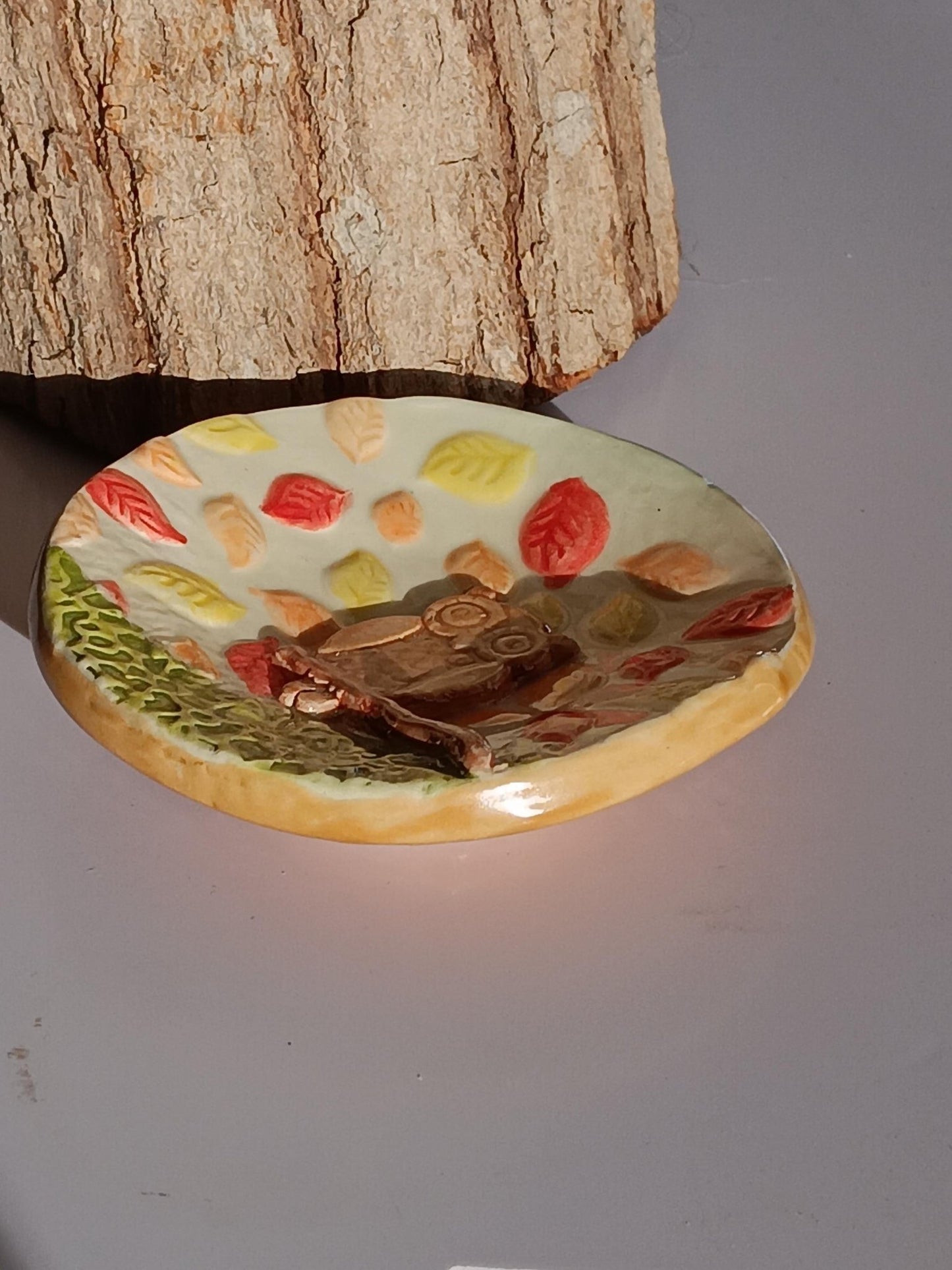 Handmade Ceramic Owl Trinket Dish: Autumn Leaves Jewelry Holder - Gems by Gigi