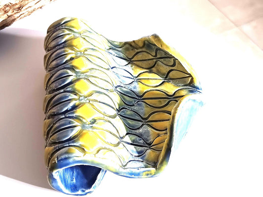 Handmade Ceramic Soap Dish: Blue & Yellow Coffee Bean Pattern - Gems by Gigi