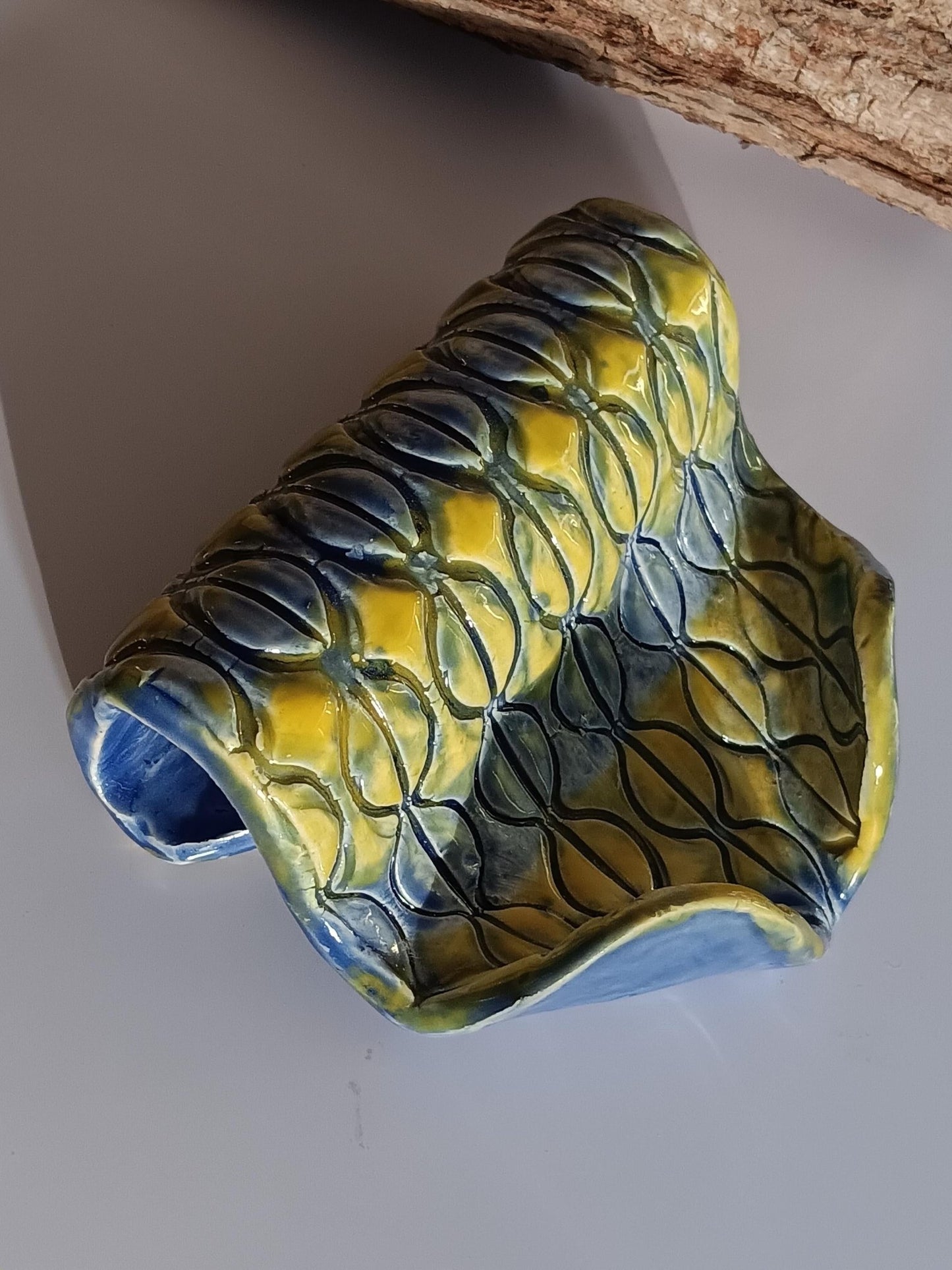 Handmade Ceramic Soap Dish: Blue & Yellow Coffee Bean Pattern - Gems by Gigi