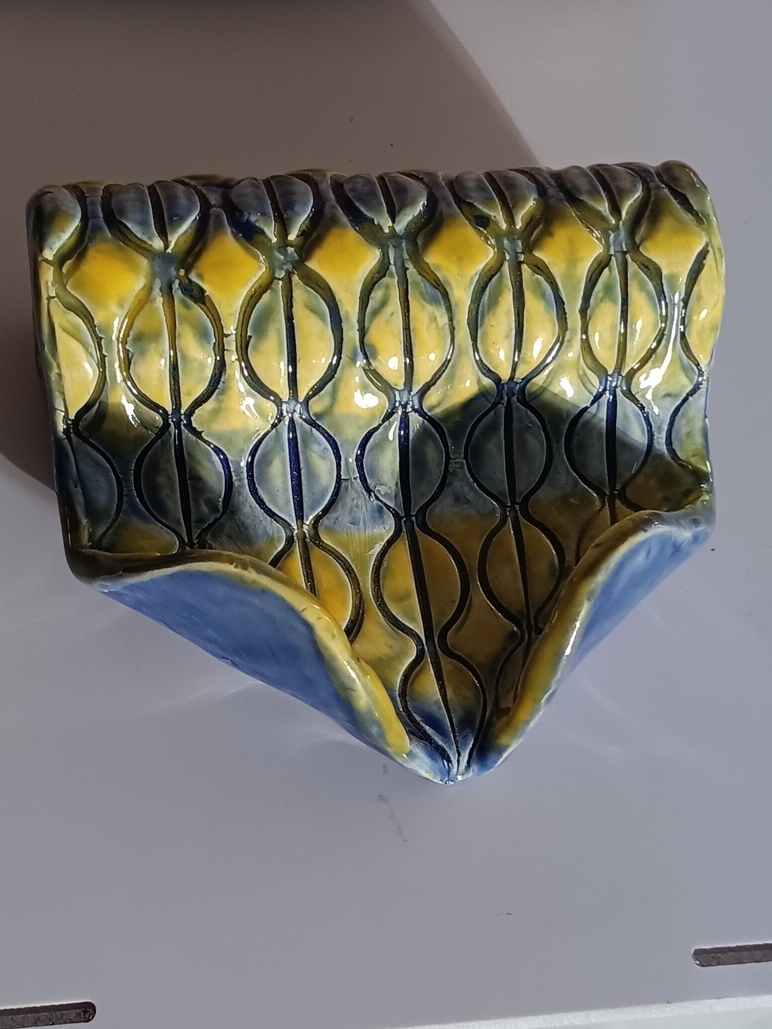 Handmade Ceramic Soap Dish: Blue & Yellow Coffee Bean Pattern - Gems by Gigi