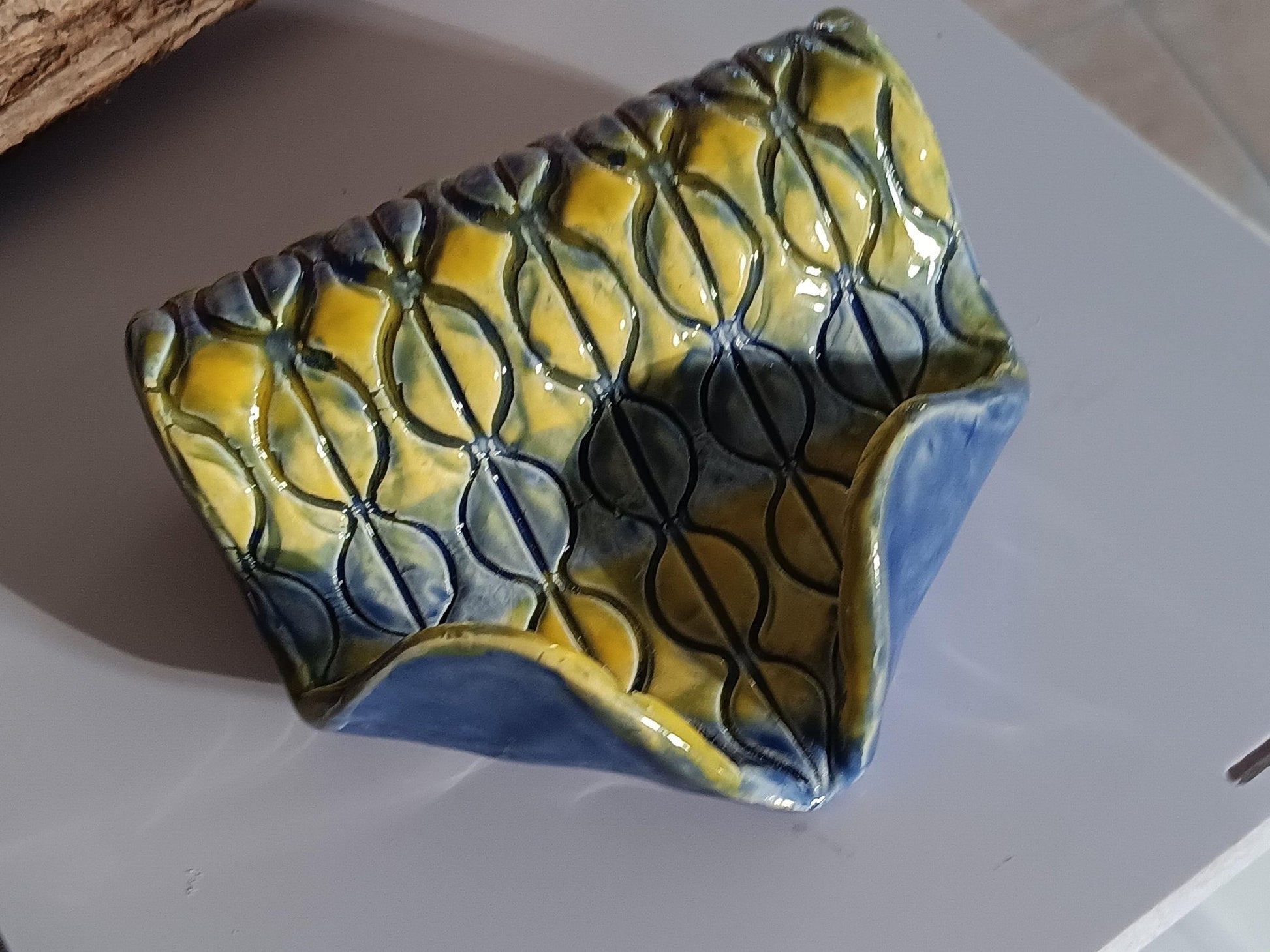 Handmade Ceramic Soap Dish: Blue & Yellow Coffee Bean Pattern - Gems by Gigi