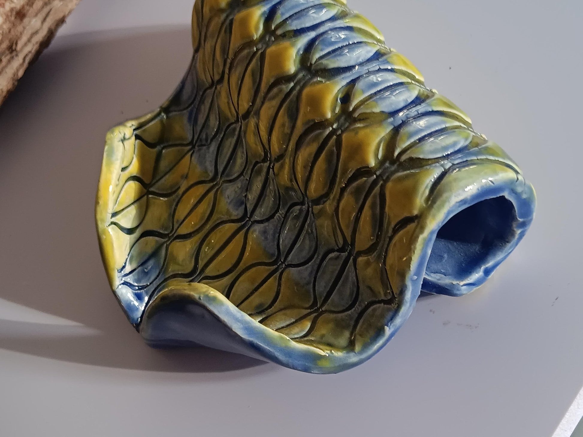 Handmade Ceramic Soap Dish: Blue & Yellow Coffee Bean Pattern - Gems by Gigi