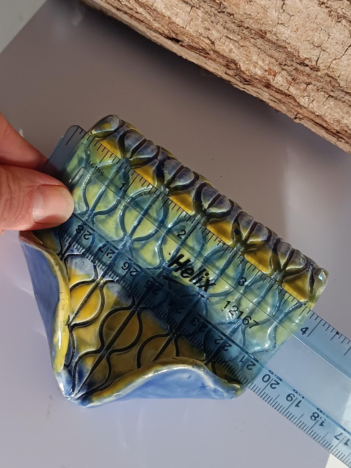 Handmade Ceramic Soap Dish: Blue & Yellow Coffee Bean Pattern - Gems by Gigi