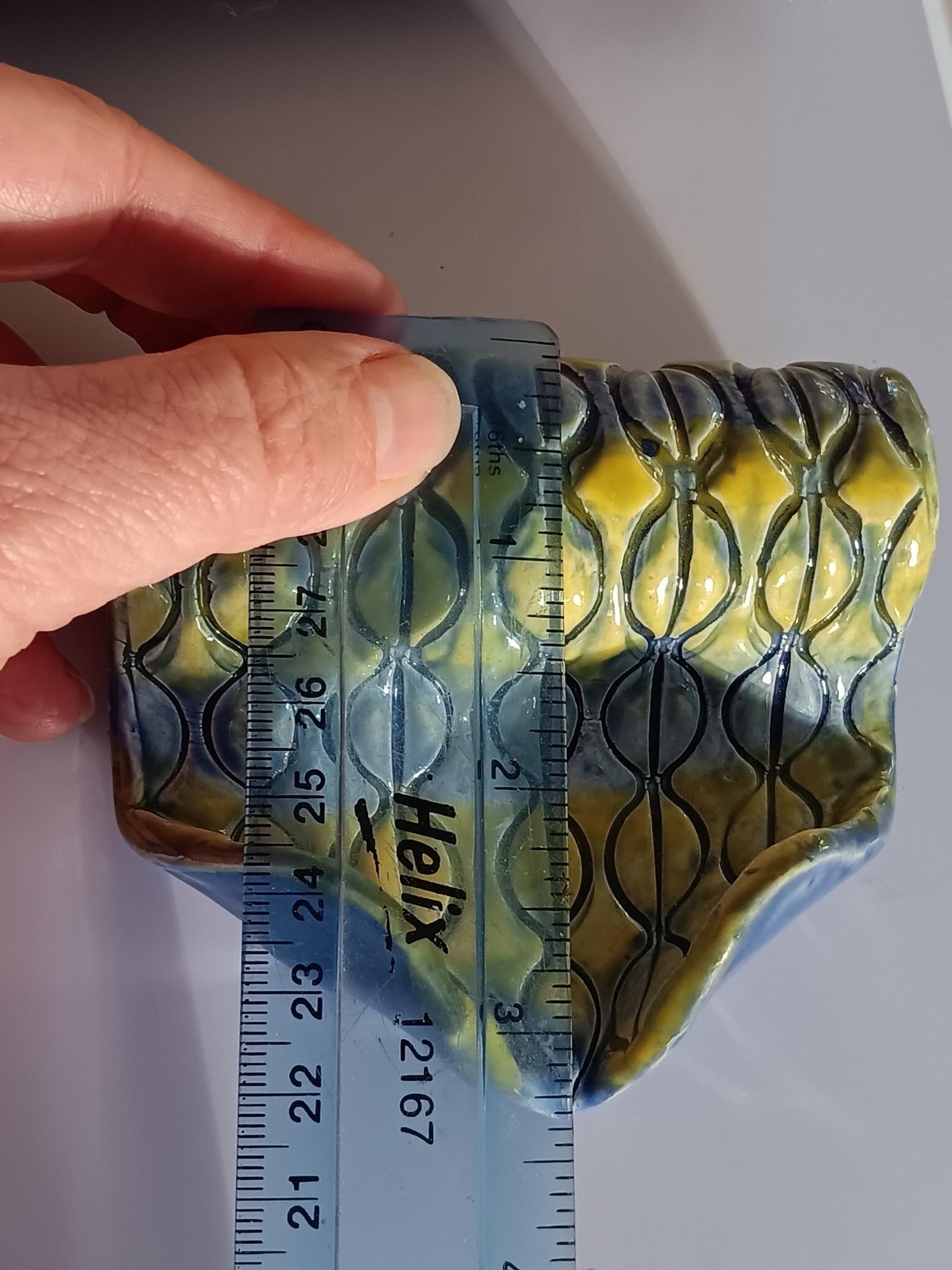 Handmade Ceramic Soap Dish: Blue & Yellow Coffee Bean Pattern - Gems by Gigi