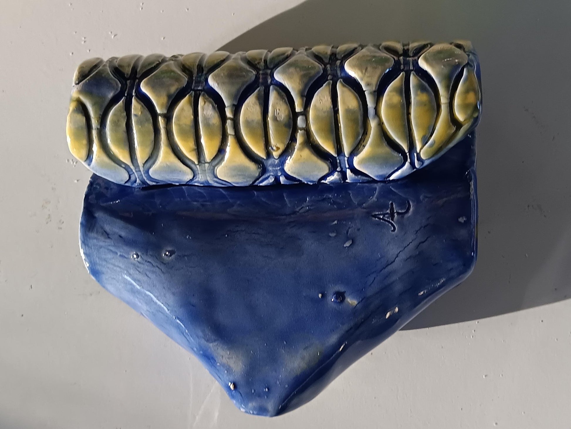 Handmade Ceramic Soap Dish: Blue & Yellow Coffee Bean Pattern - Gems by Gigi
