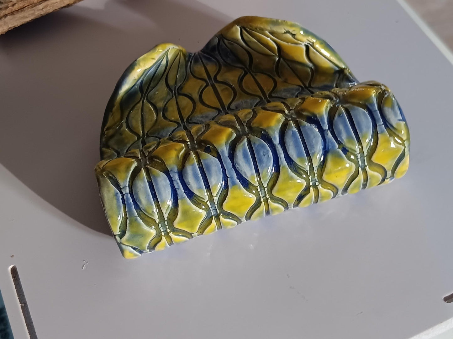 Handmade Ceramic Soap Dish: Blue & Yellow Coffee Bean Pattern - Gems by Gigi