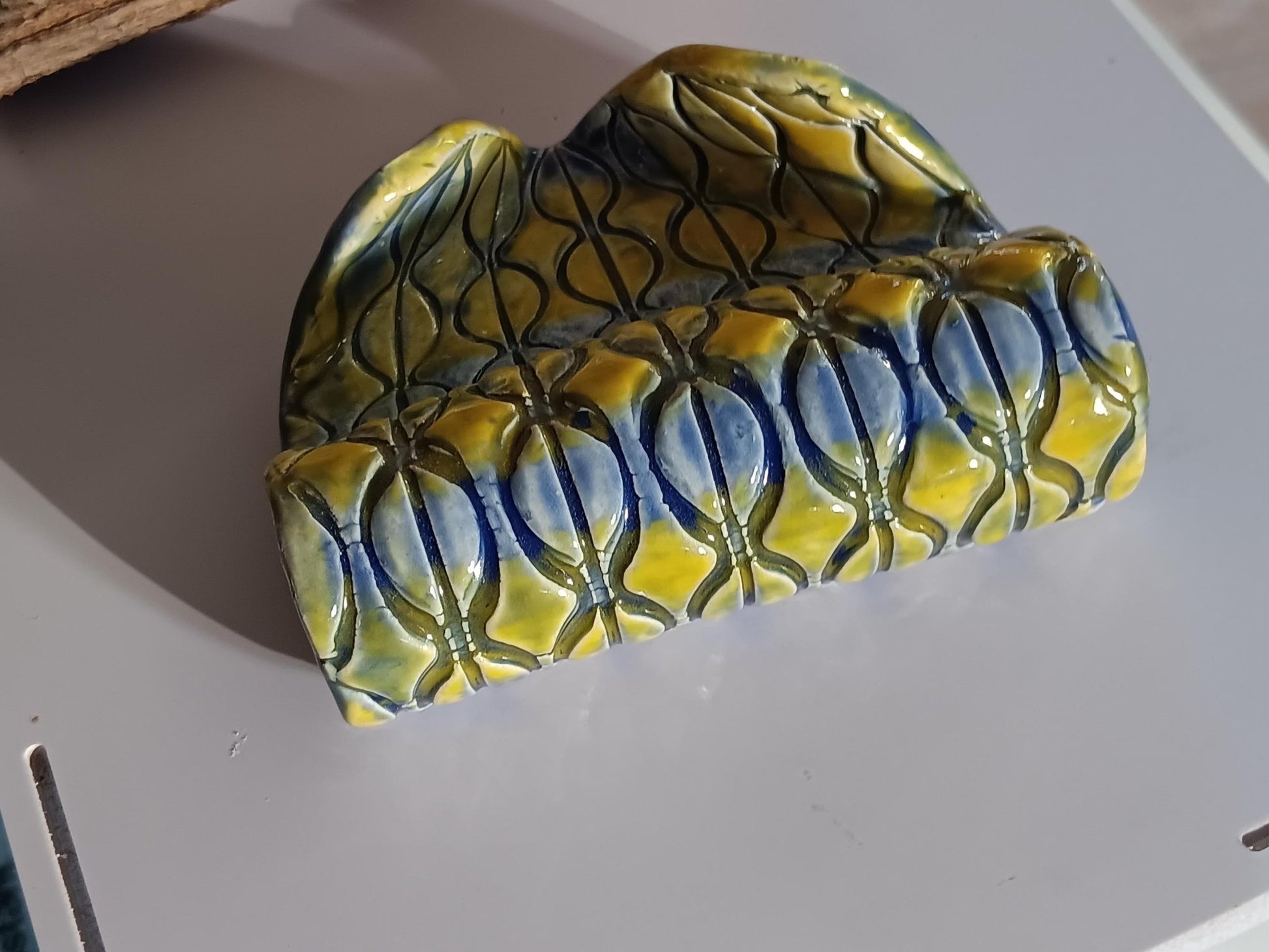 Handmade Ceramic Soap Dish: Blue & Yellow Coffee Bean Pattern - Gems by Gigi