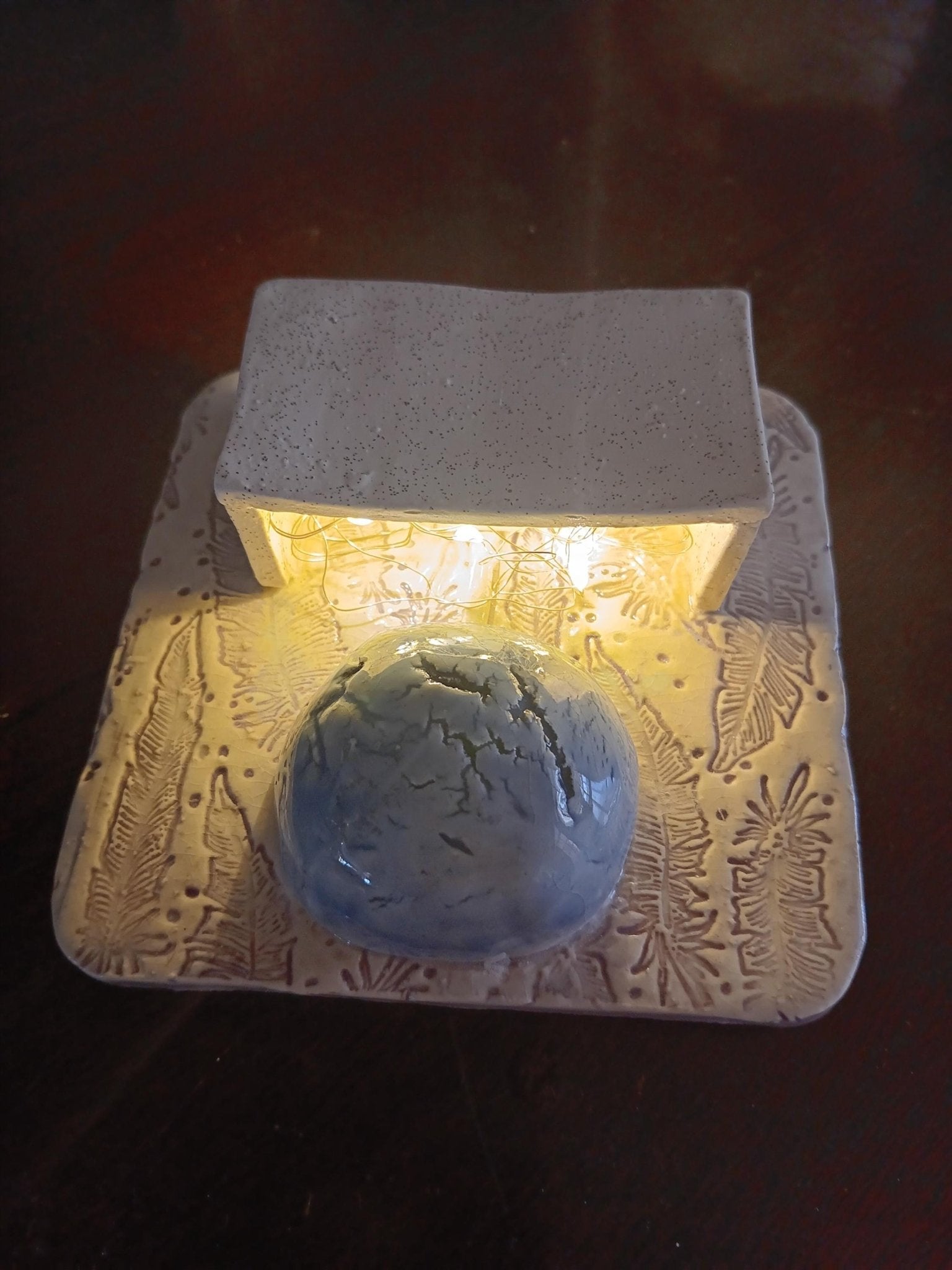 Handmade Ceramic Tile Lamp with Feather Accents and Blue Sphere, Boho Wall Décor - Gems by Gigi