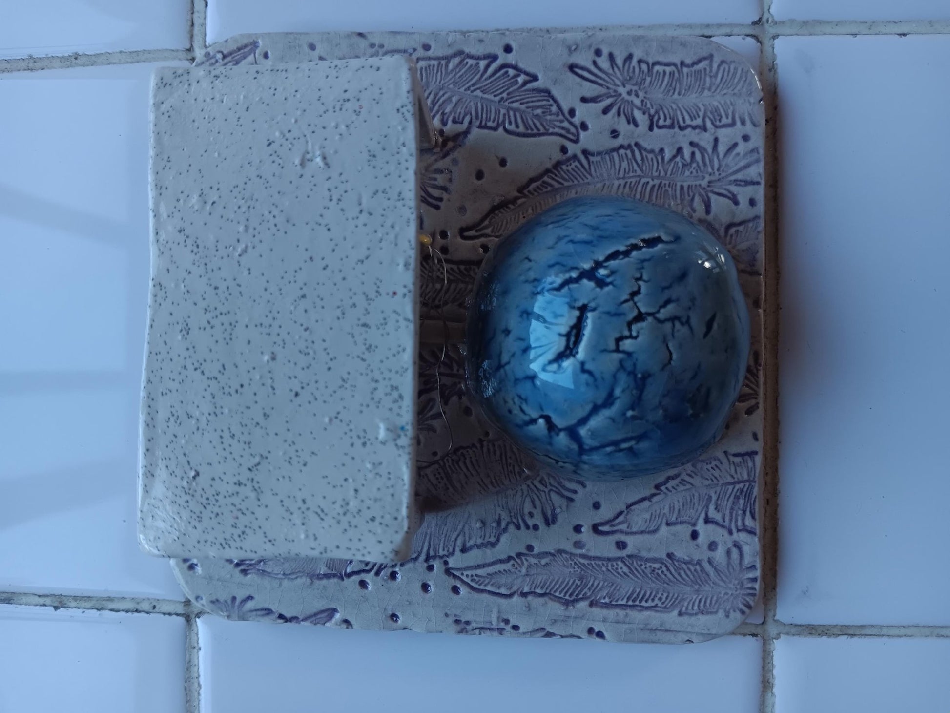 Handmade Ceramic Tile Lamp with Feather Accents and Blue Sphere, Boho Wall Décor - Gems by Gigi