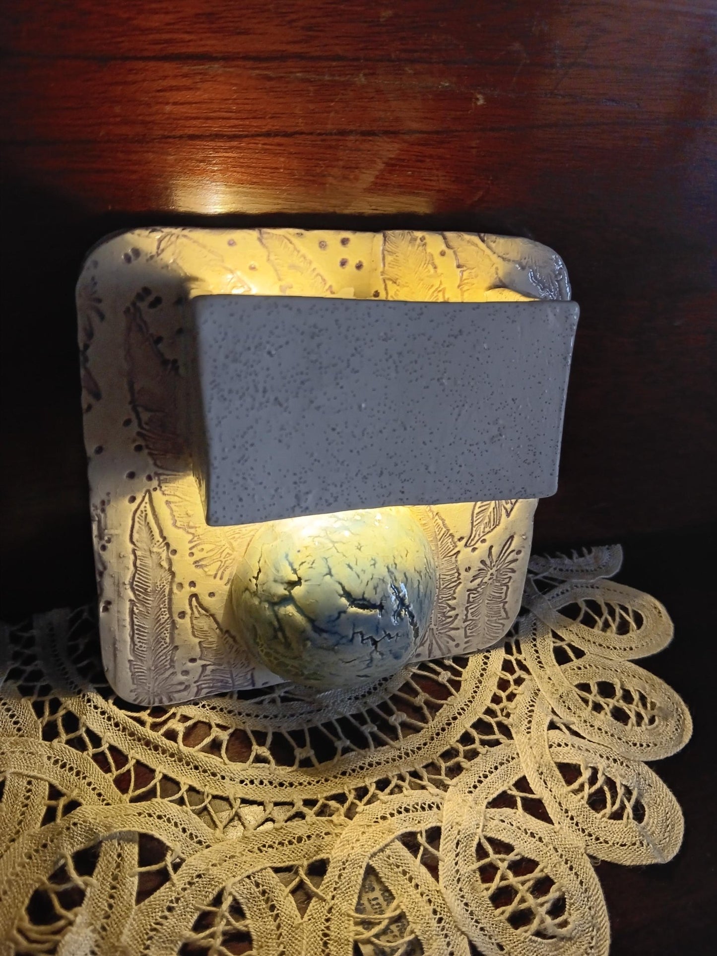 Handmade Ceramic Tile Lamp with Feather Accents and Blue Sphere, Boho Wall Décor - Gems by Gigi