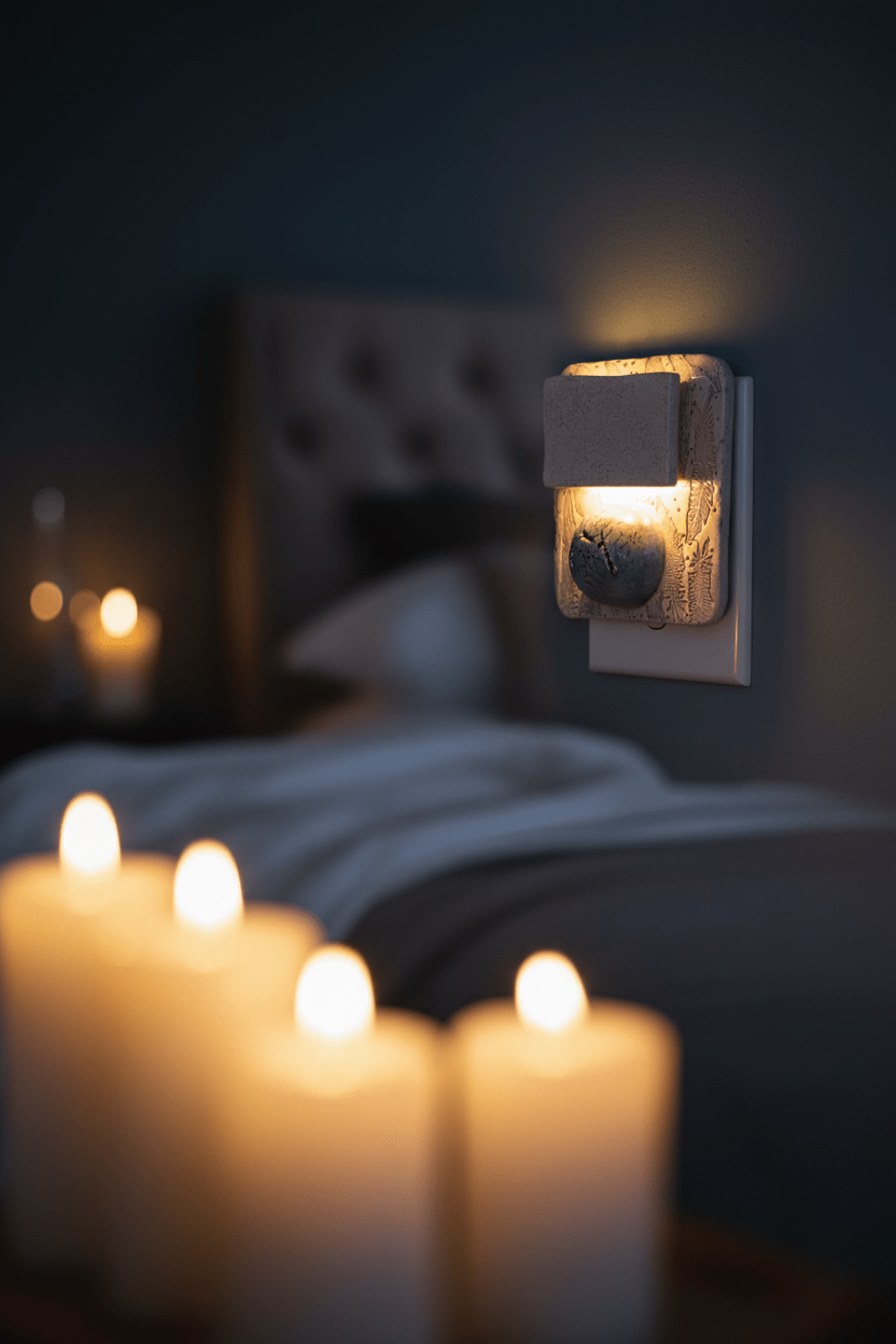 Handmade Ceramic Tile Lamp with Feather Accents and Blue Sphere, Boho Wall Décor - Gems by Gigi