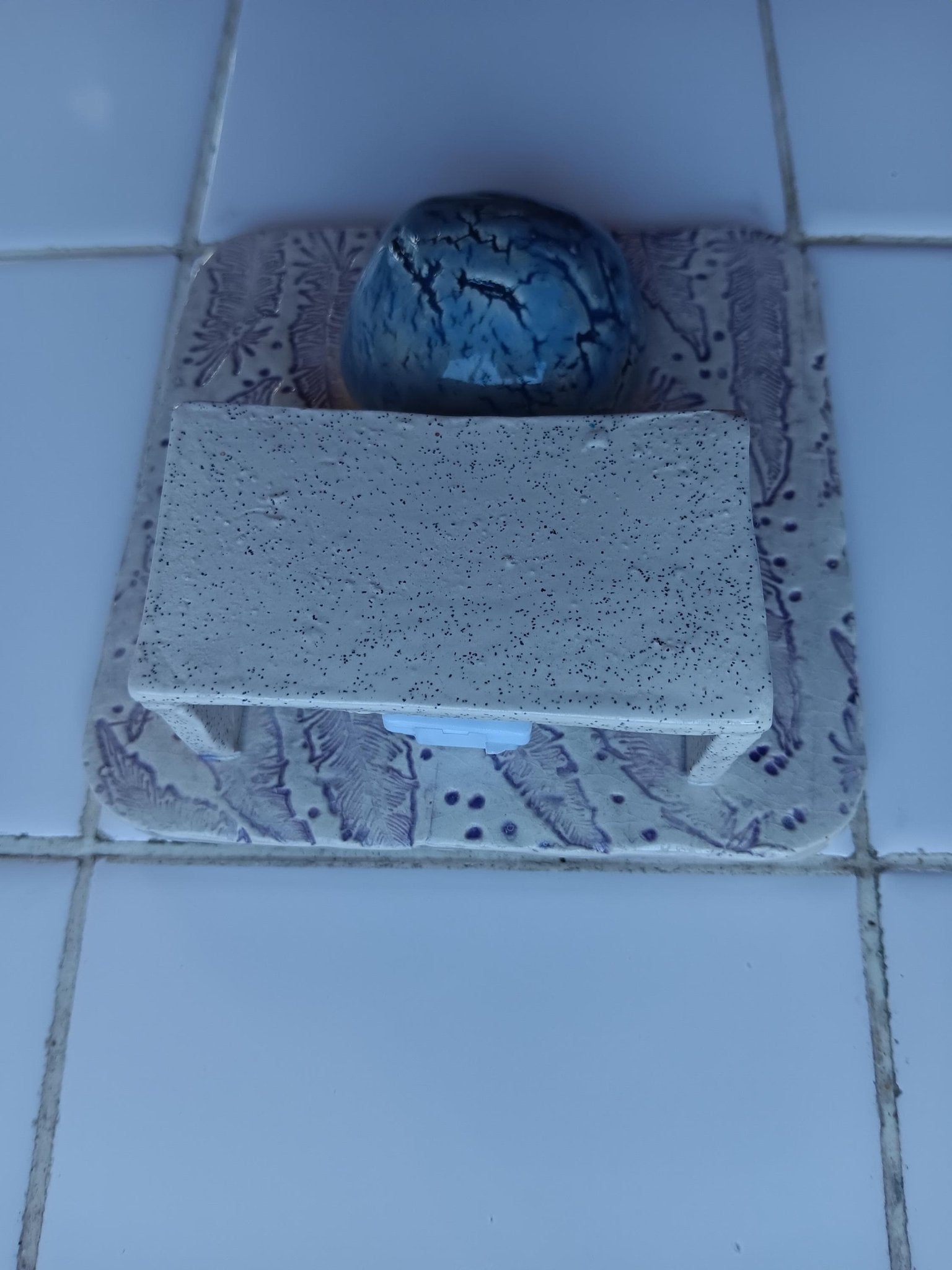 Handmade Ceramic Tile Lamp with Feather Accents and Blue Sphere, Boho Wall Décor - Gems by Gigi