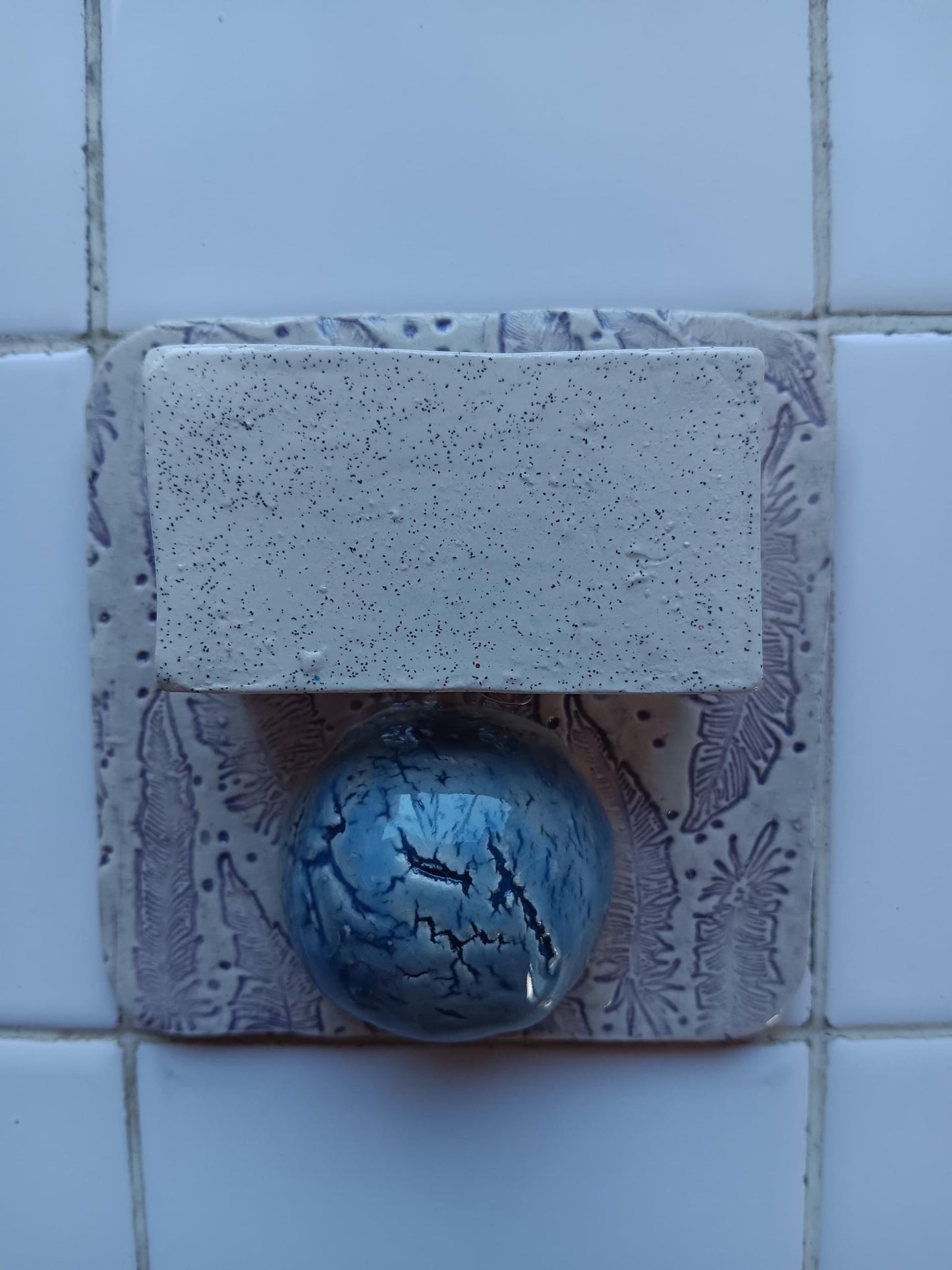 Handmade Ceramic Tile Lamp with Feather Accents and Blue Sphere, Boho Wall Décor - Gems by Gigi