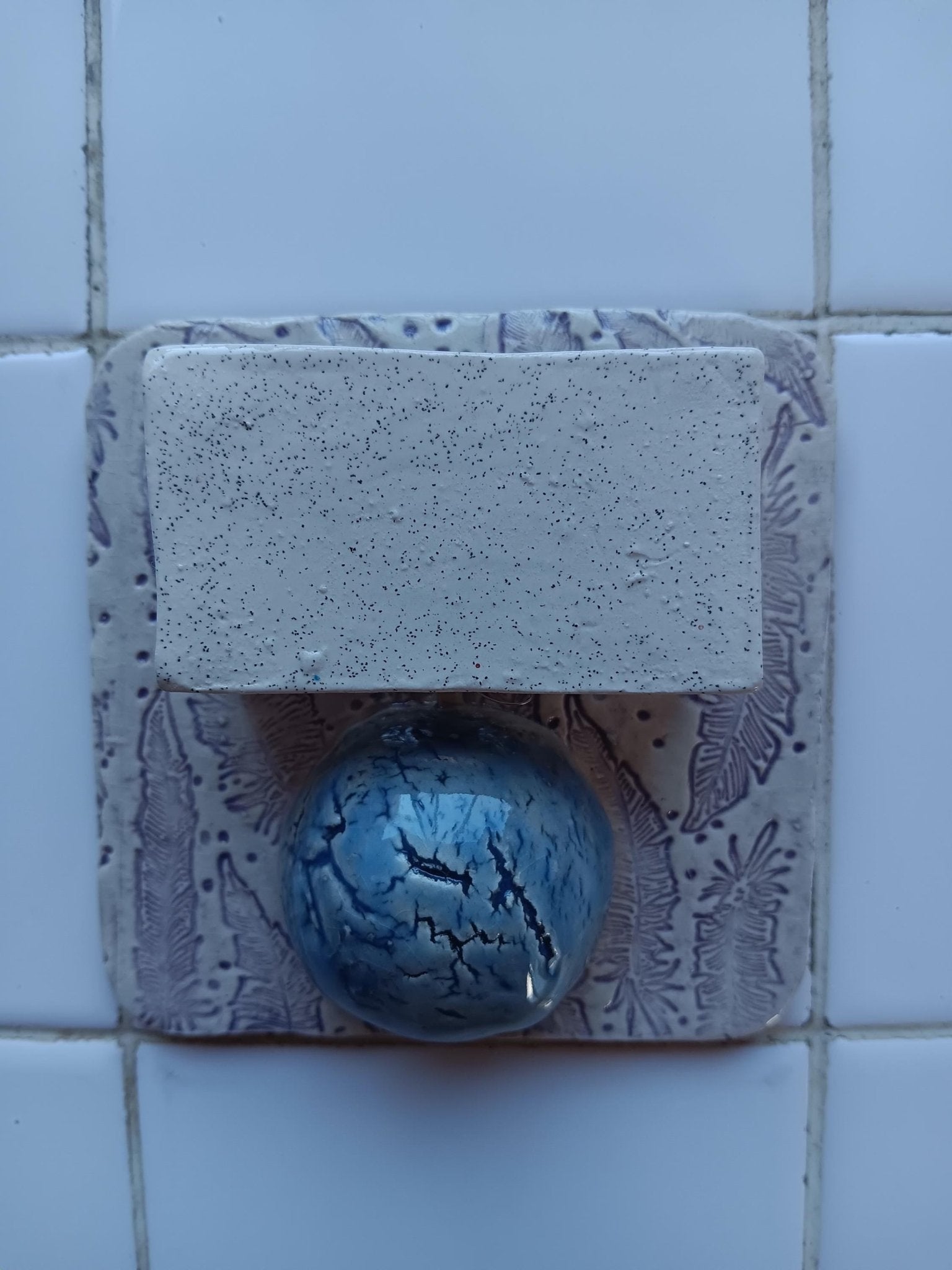 Handmade Ceramic Tile Lamp with Feather Accents and Blue Sphere, Boho Wall Décor - Gems by Gigi