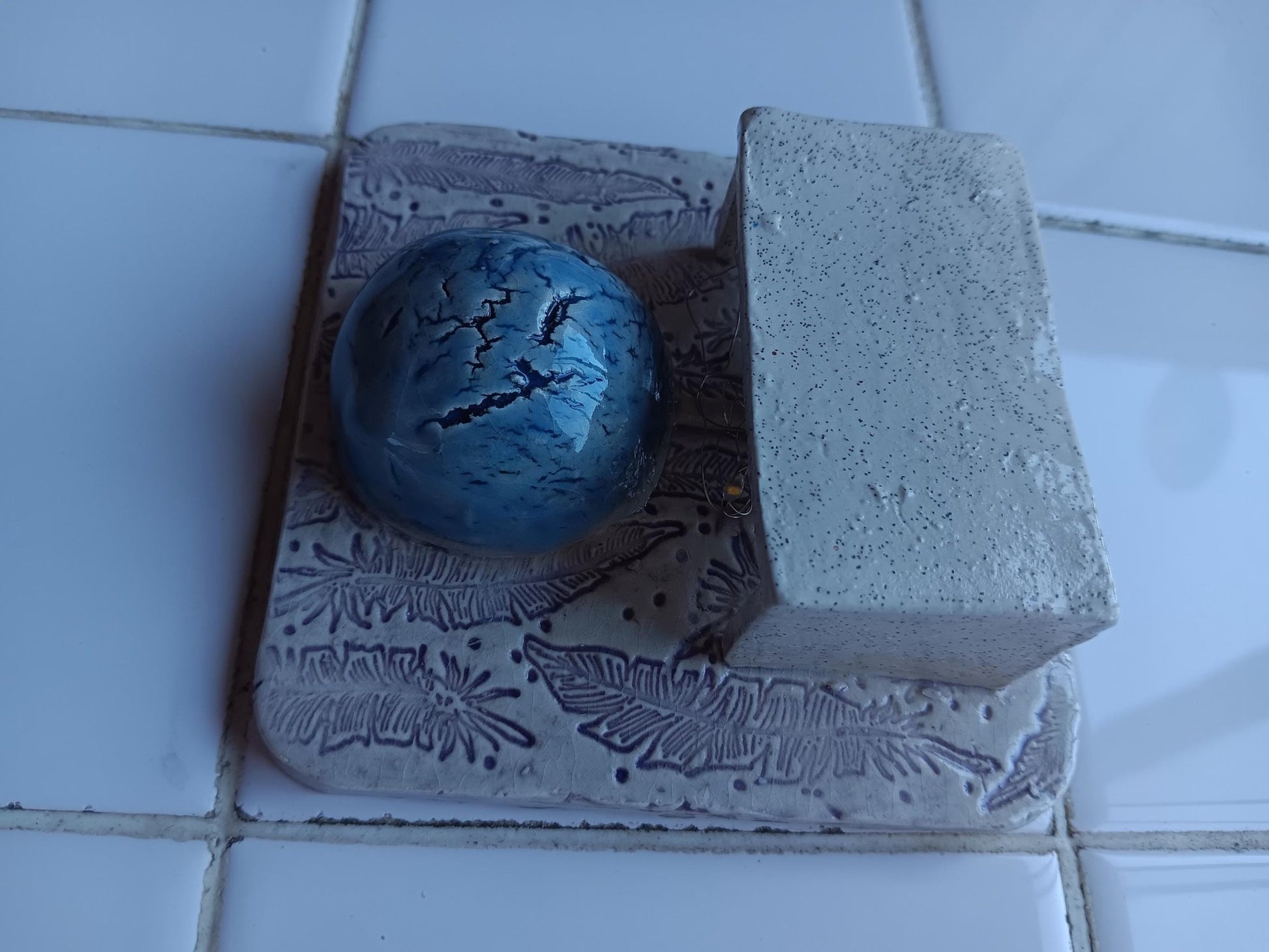 Handmade Ceramic Tile Lamp with Feather Accents and Blue Sphere, Boho Wall Décor - Gems by Gigi