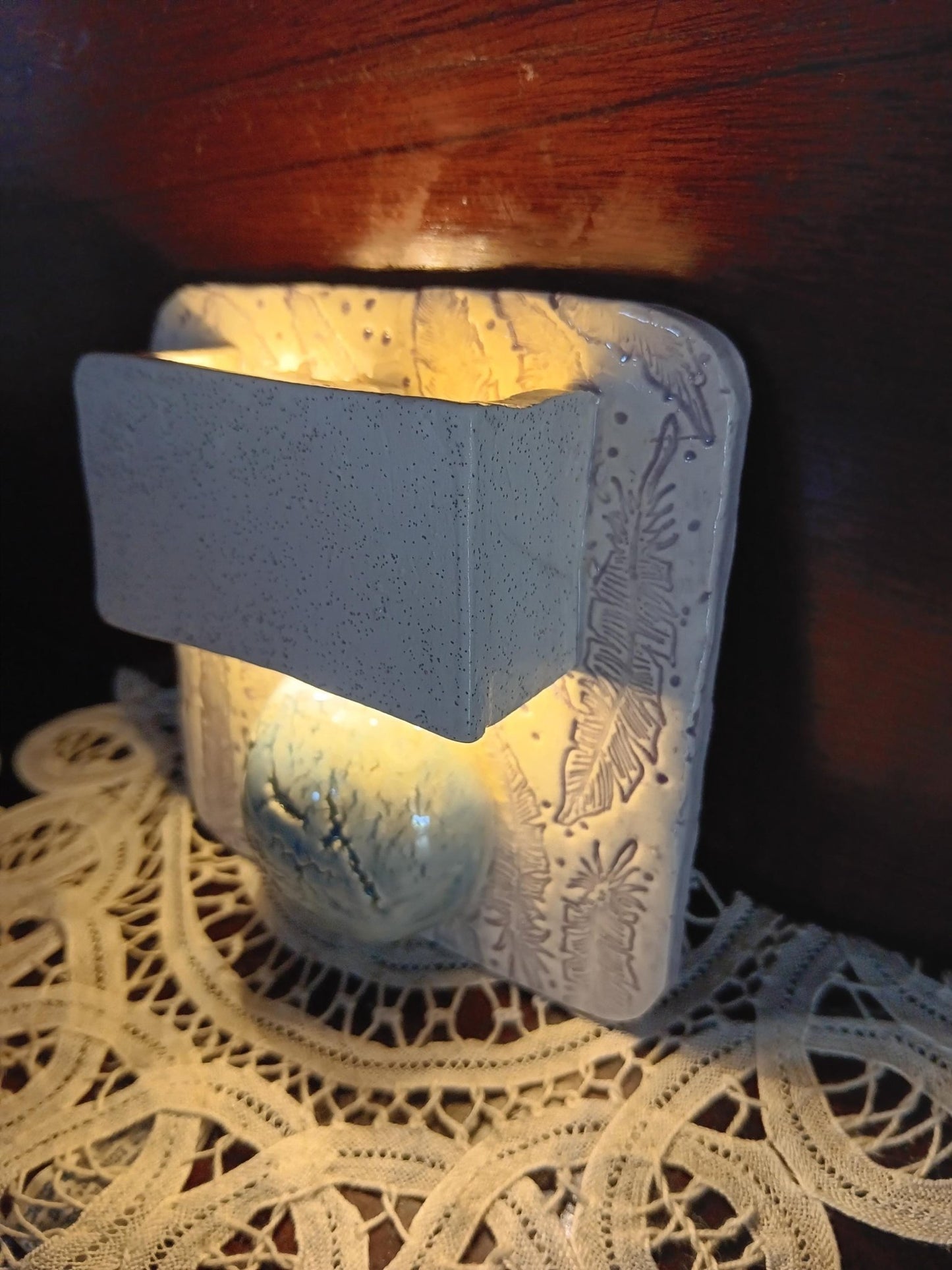 Handmade Ceramic Tile Lamp with Feather Accents and Blue Sphere, Boho Wall Décor - Gems by Gigi