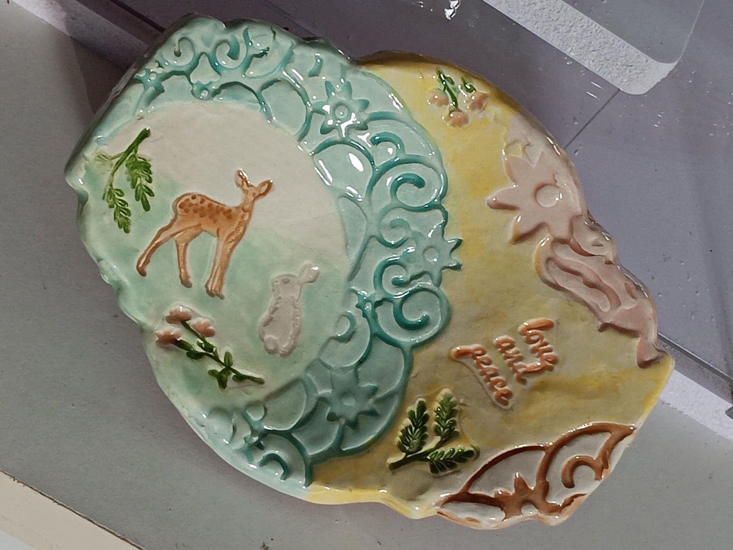 Handmade Ceramic Trinket Dish: Deer, Rabbit, Scrolled Plate, Pastel Colors - Gems by Gigi
